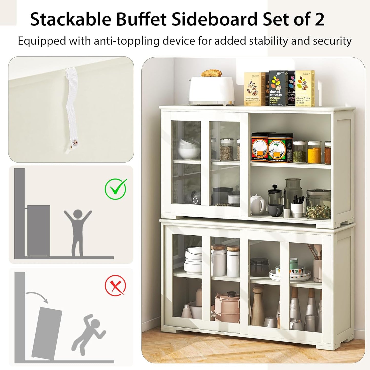 Costzon Sideboard Buffet Cabinet of 2, Wooden Kitchen Storage Cabinet with Adjustable Shelf, Sliding Glass Doors, Accent Coffee Bar Cabinet Console Table for Living Room, Dining Room, Hallway