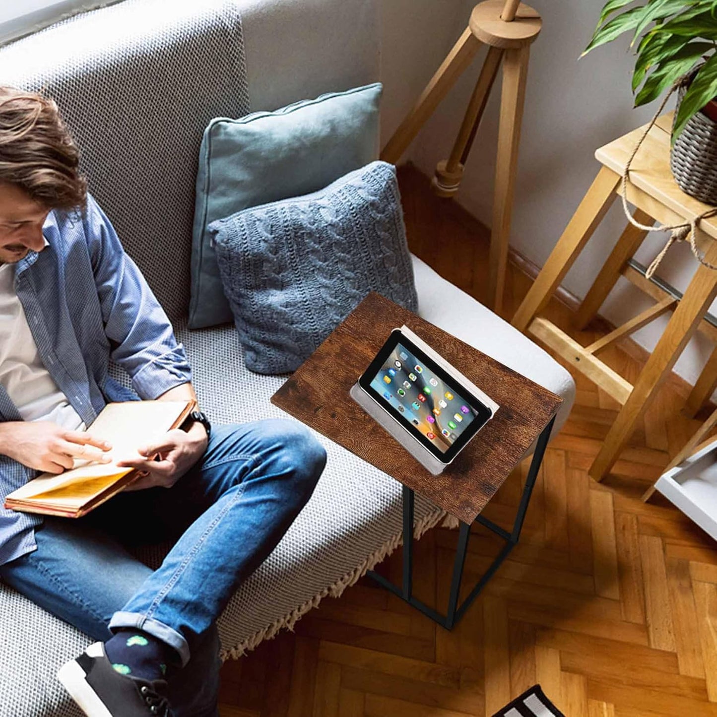 C Shaped Side Table Set of 2, Skinny Sofa Table for Sofa and Bed, Couch Tables That Slide Under, Small End Tables for Living Room, Bedroom or Small Spaces, Rustic Brown