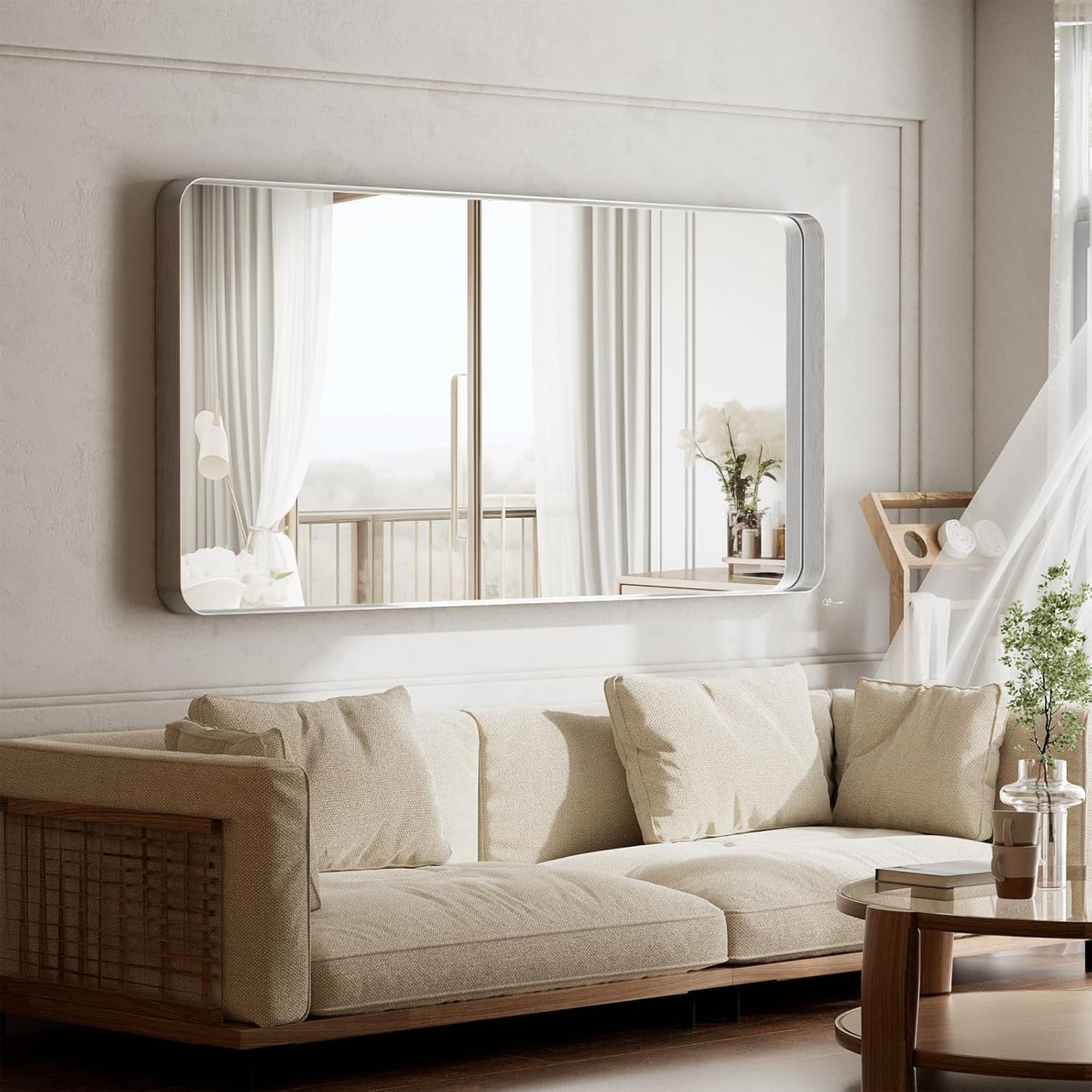 Large Bathroom Mirror 30x56 inch, Gorgeous Deep Frame Wall Vanity Mirror for Over Sink with Shatterproof Tempered Glass, Hanging Horizontal or Vertical, Silver