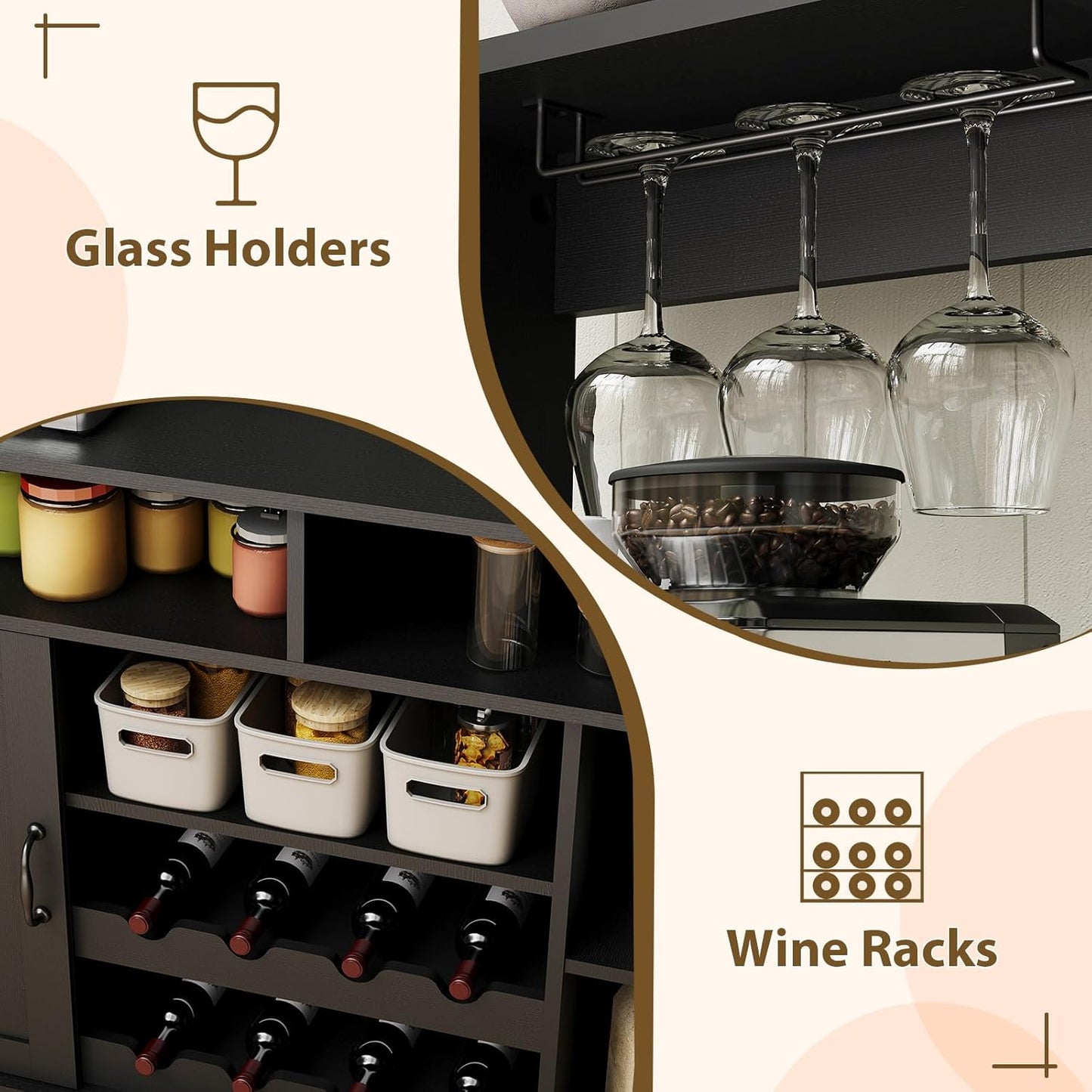 47" Farmhouse Buffet Sideboard Cabinet with Power Outlets Coffee Bar Cabinet with Storage, Large Buffet Storage Cabinet Table with Wine Racks, Goblet Holder, Hooks for Kitchen, Dining Room, Black