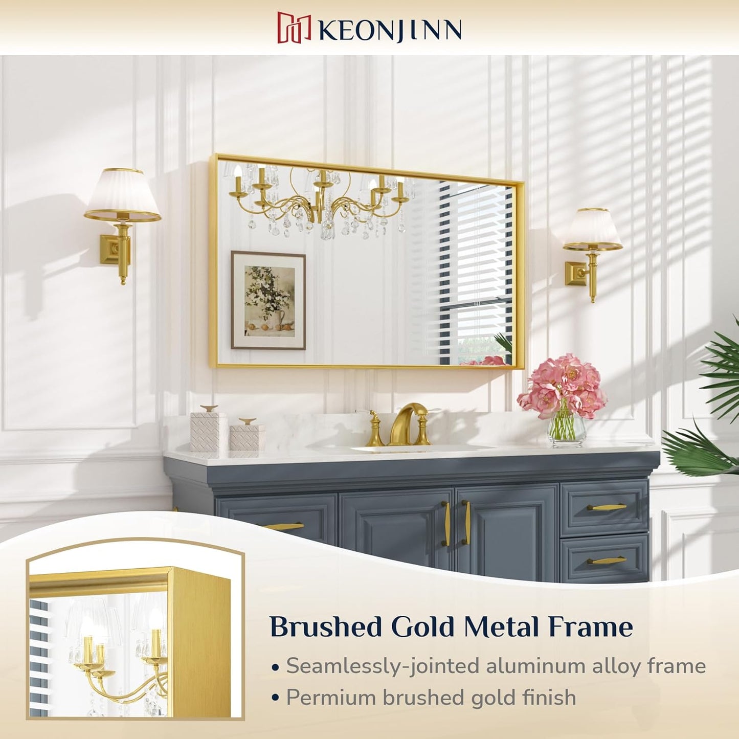 Keonjinn Gold Mirror for Bathroom 40 x 24 Inch Brushed Gold Mirror for Wall Metal Framed Rectangular Mirror for Bathroom Sink Gold Vanity Mirror Full Length Rectangle Mirror(Horizontal/Vertical)