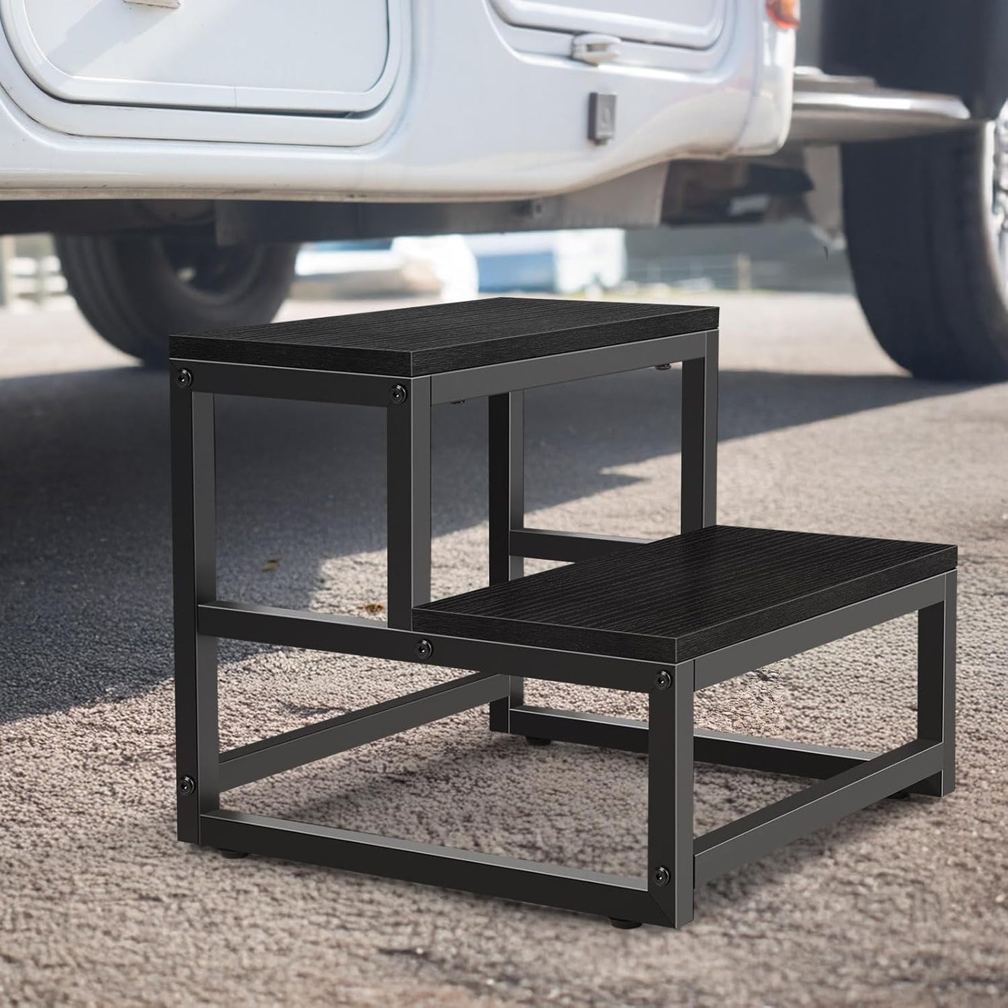 Wood and Metal 2 Step Stool for Adults & Kids – Heavy Duty Rustic Step Stools, 500 Lbs Capacity Non-Slip Stepping Stool for High Beds, Kitchen, Bathroom, Closet, Durable Foot Stool for Home Use,Black