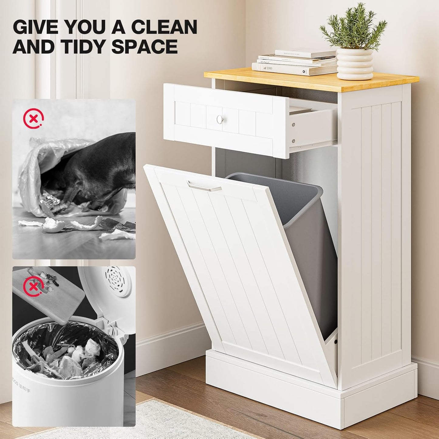 GAZHOME 10 Gallon Tilt Out Trash Cabinet, Upgrade Wooden Free Standing Recycling Trash Cabinet with Hideaway Drawer(White)