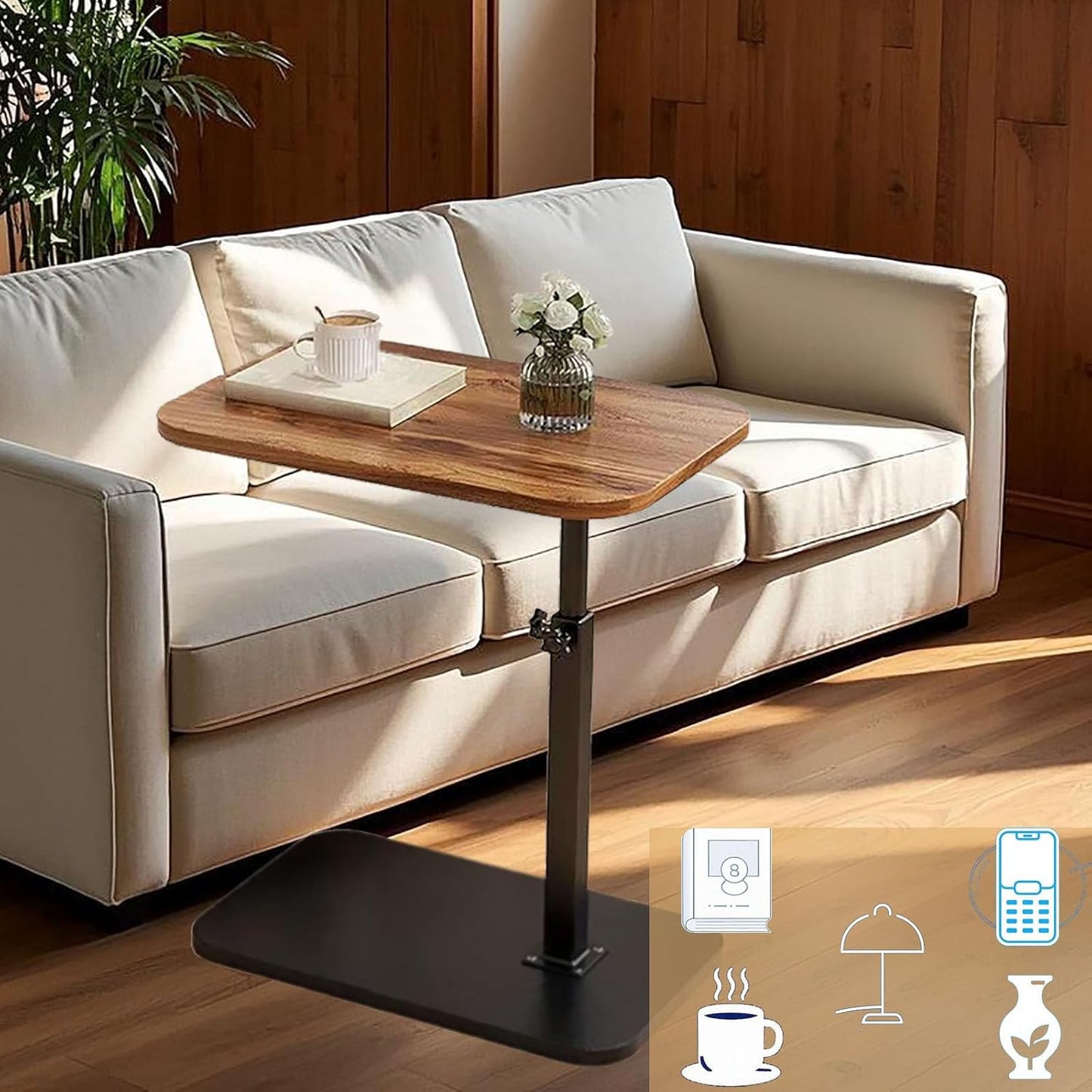 C End Table Adjustable Height,C Shaped Side Tables Living Room and Bedroom for Sofa, Chair,Bed,Coffee Small Spaces Side Table (Walnut Brown)