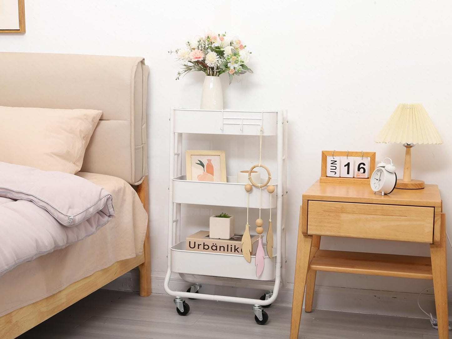 MAX Houser Slim 3-Tier Rolling Utility Cart, Narrow Metal Bathroom Storage Multifunctional Organizer Carts with Wheels with Extra Hook, Laundry Room,Kitchen,Small Space(White)