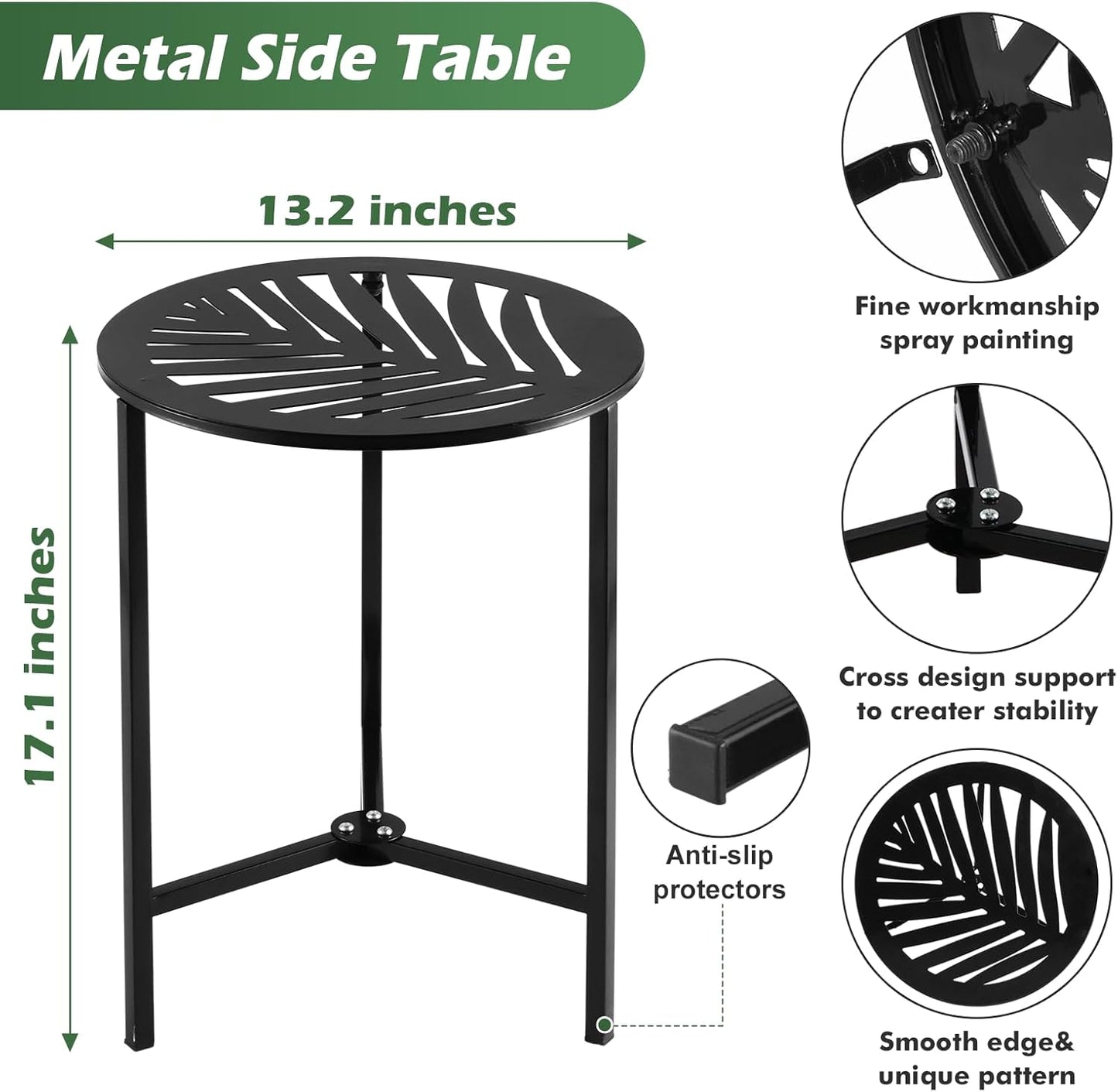 1 Packs 13" Metal Outdoor Side Tables Small Black Outside End Table for Patio Round Accent Corner Stand for Small Spaces Weather-Resistant Coffee Table for Balcony Porch Plant Stand, Leaf