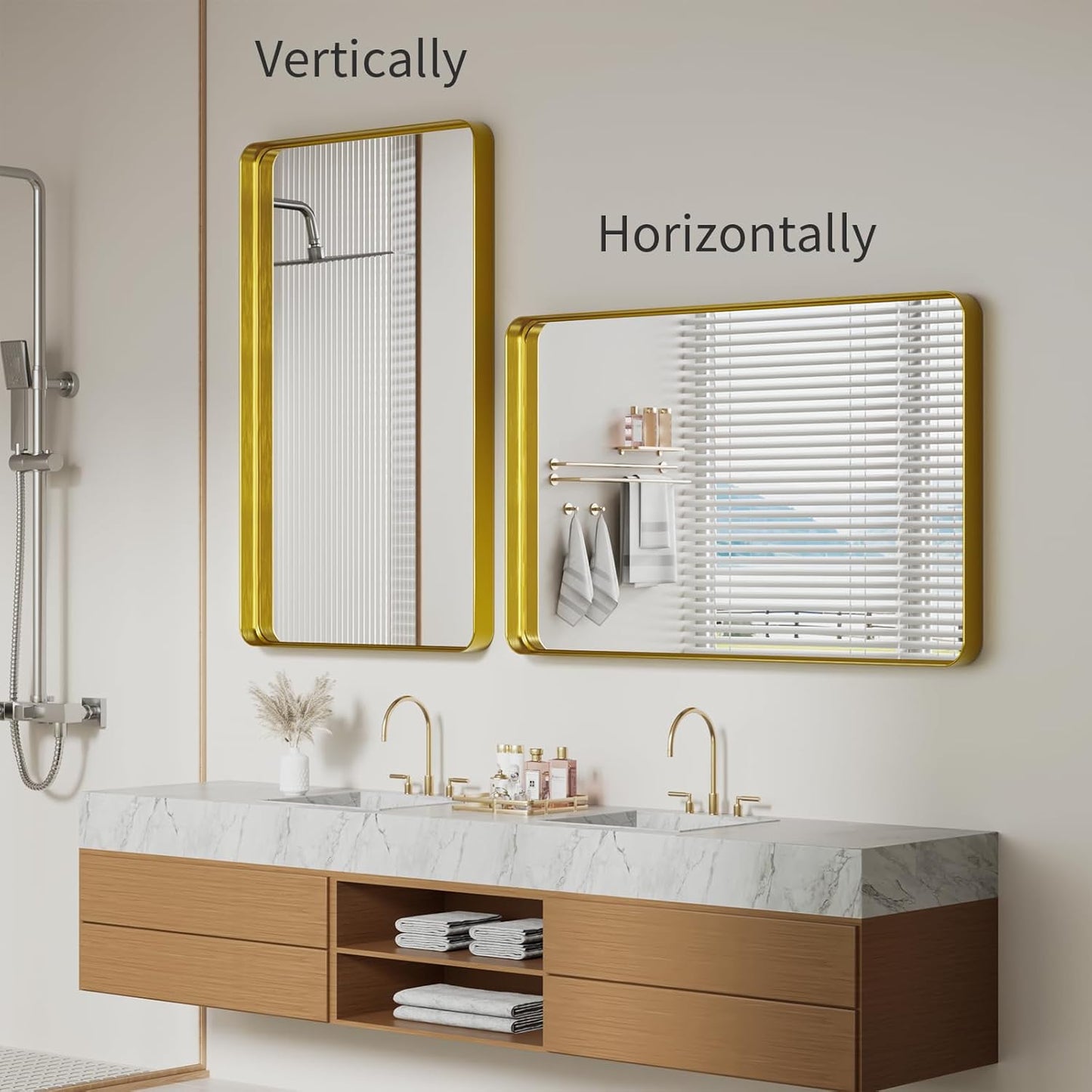 Koonmi Gold Wall Mirror for Bathroom, 30x48 Inch Matte Deep Framed Rounded Rectangle Vanity Mirror for Farmhouse Living Room, Tempered Glass, Anti-Rust, Vertically or Horizontally