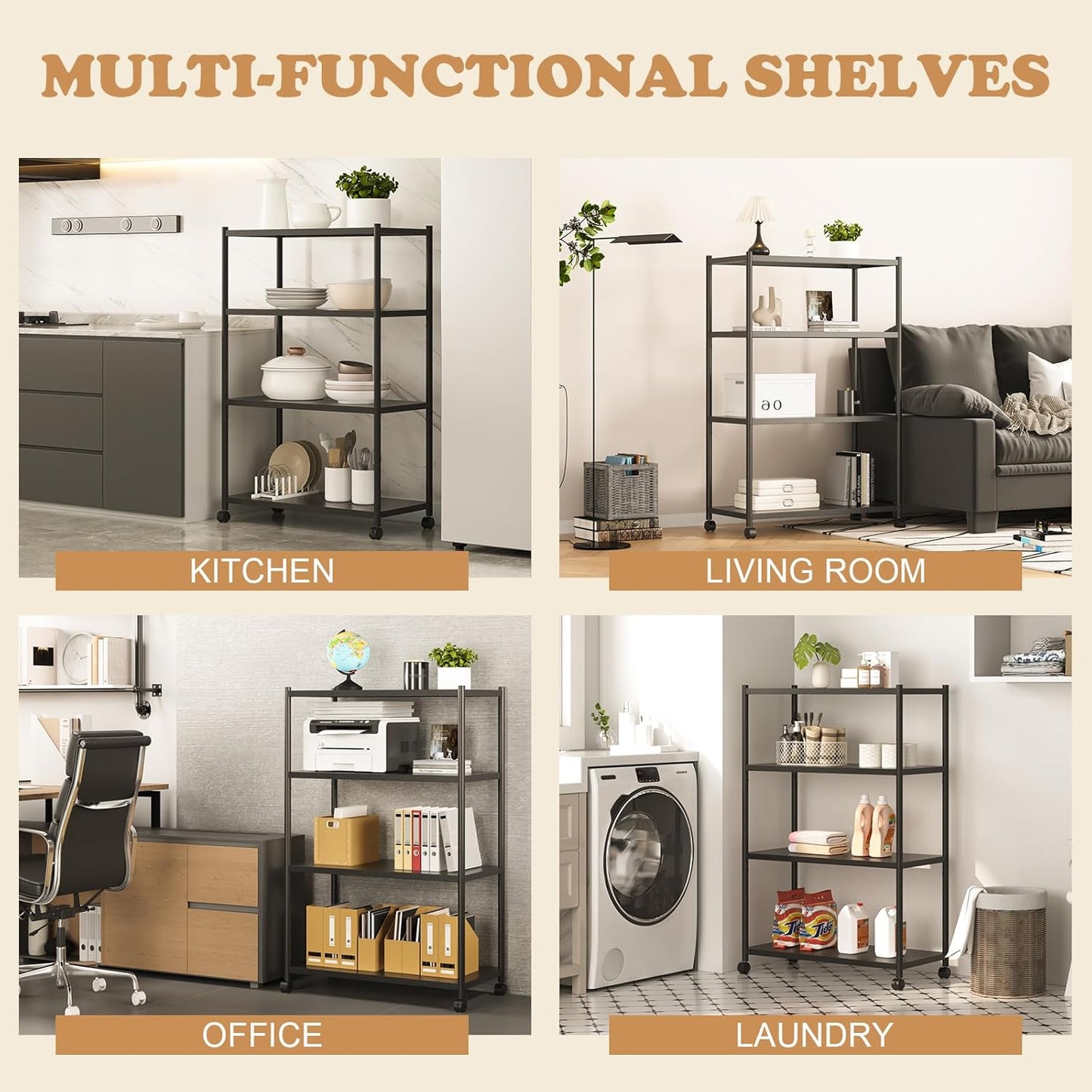 ZZL 4 Tier Bookshelf 31.49" Width,Book Organizers and Storage w/Wheels,Rustic Industrial Book Shelves for Home Office,Bedroom,School,Living Room(Black)