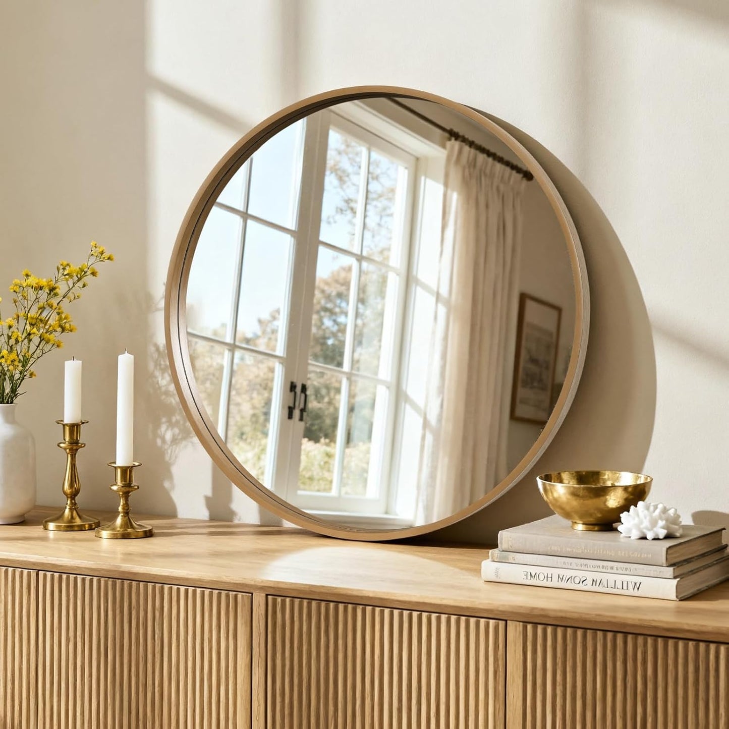HOMECOOKIN Round Wood Mirror 28 inch Circle Wall Mirror for Bathroom, Vanity, Entryway, Living Room Decor, Natural Boho Accent