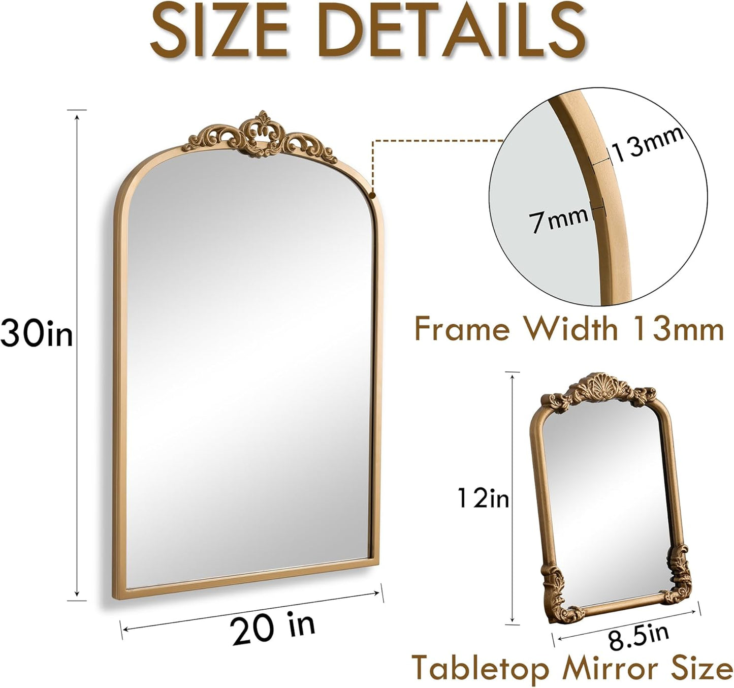 1 Set Vintage Mirror 20x30 Gold Antique Baroque Arched Ornate Traditional Brass Mirror and 8.5x12 Vintage Vanity Makeup Desk Table Mirror for Bathroom Entryway Living Room Hallway Fireplace