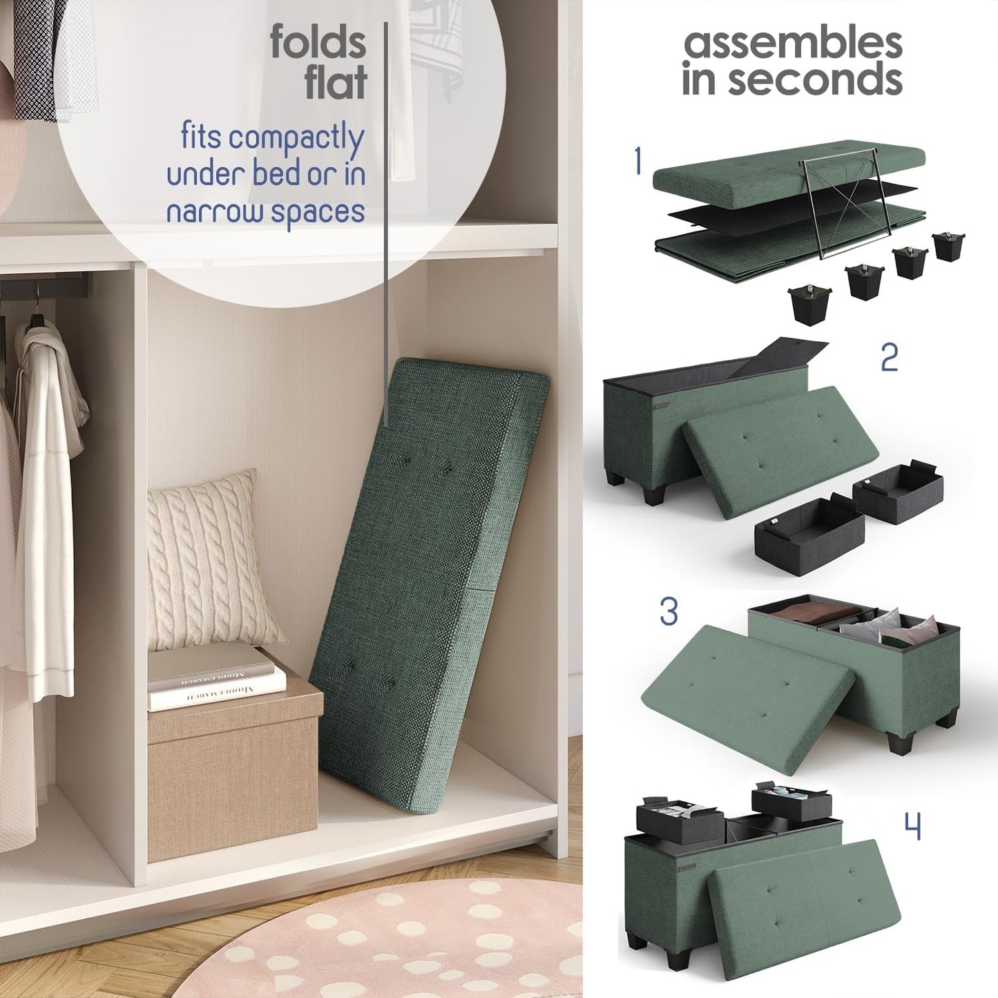 STORAGEBUD Storage Ottoman Bench with Bins, 30-in Storage Bench for Bedroom End of Bed, Folding Foot Rest Ottoman for Living Room Max 660lbs, Fabric Ottomans, Green