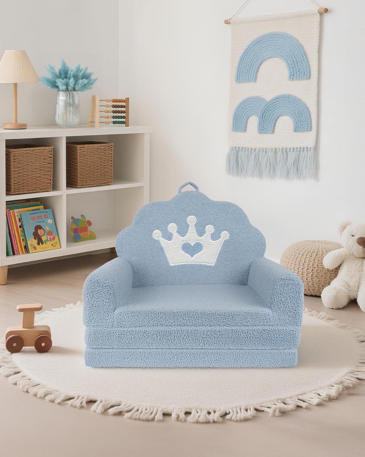 2-in-1 Kids Couch Fold Out, Soft Teddy Sherpa Toddler Couch with Crown Design, Convertible Kids Sofa to Lounger for Nap & Playtime, Cozy Children's Furniture for Boys & Girls, Blue