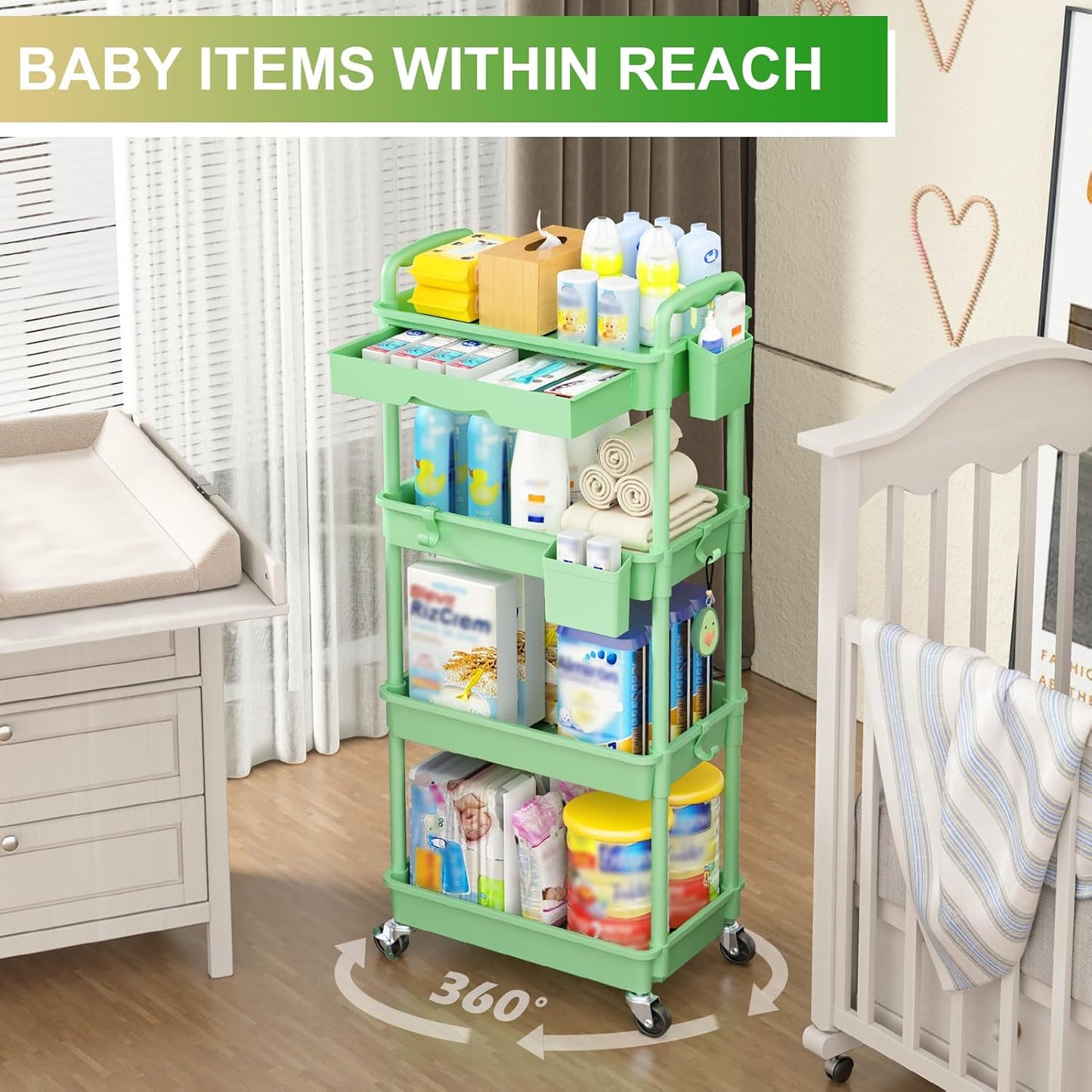 Goovilla 4 Tier Rolling Utility Cart Organizer with Removable Drawer, Stable and Sturdy Green Rolling Storage Carts with 2 Lockable Wheels for Bathroom, Kitchen, Snack, Craft, Makeup, Baby Essentials