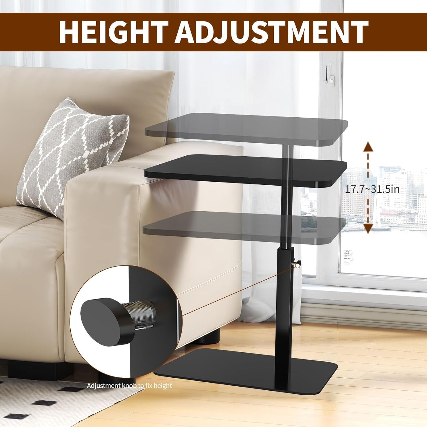 C Table for Sofa, C Table Adjustable Height, Living Room/Bedroom Small C Side, Tables for Small Spaces Table, Living Room Table, Bedroom Table, Bedside Table(Pine Wood) (Natural Color)