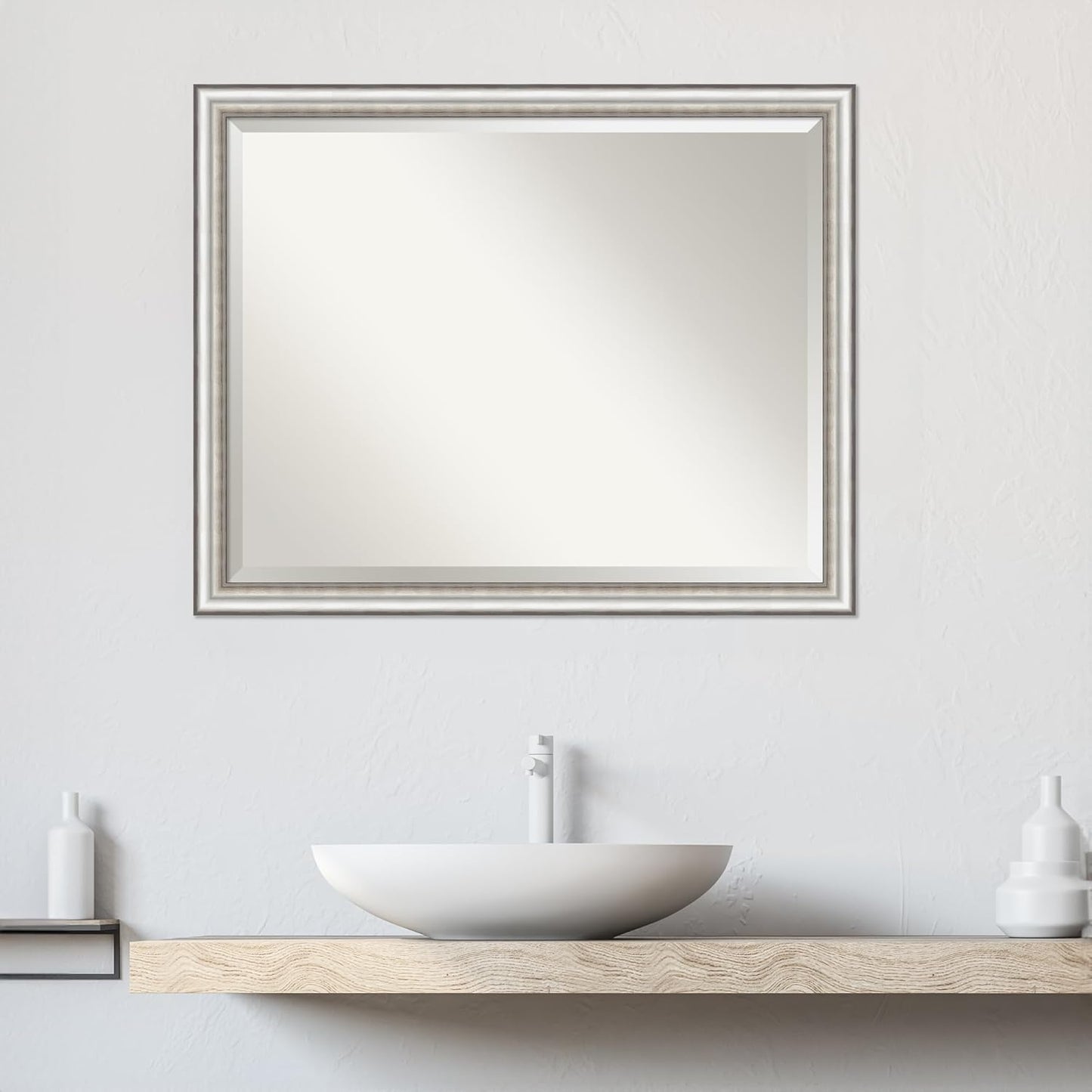 Amanti Art Silver Bathroom Mirror for Over Sink, 25x31 Salon Silver Narrow Rectangle Vanity Mirror, Large Traditional Frame, Hangs Horizonally and Vertically, Bathroom Wall Decor, Beveled Edge