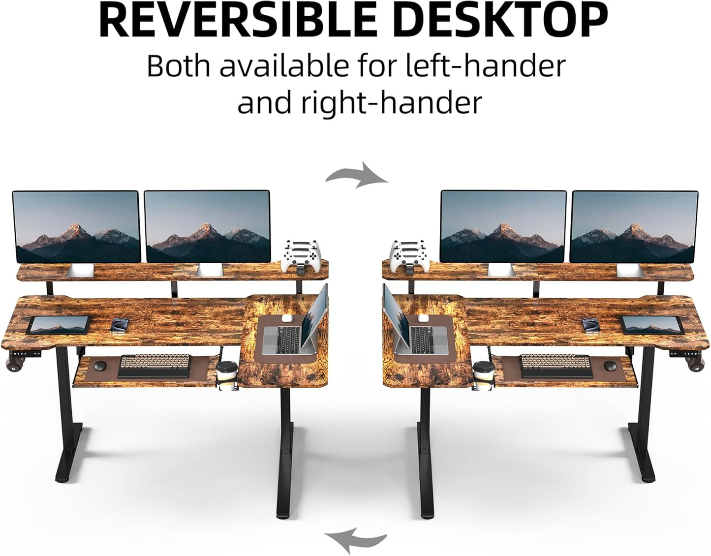 59 Inch L Shaped Standing Desk with Shelves and Keyboard, Electric Corner Standing Desk Adjustable Height, Sit Stand Computer Table with Reversiable Splice Board,Rustic Brown