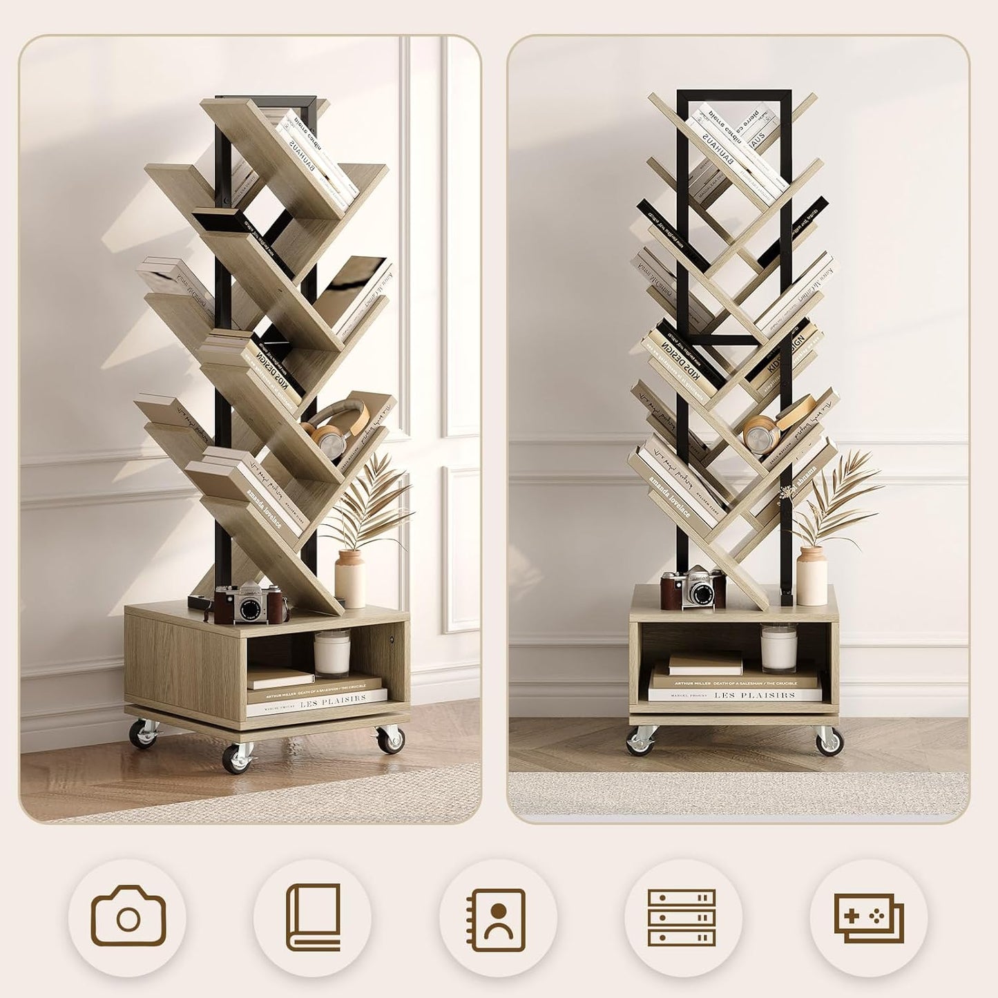 Double Sided Rotating Tree Bookshelf - 7-Tier Retro Floor Standing Bookcase, Wood Storage for Books, CDs, Movies, Perfect for Small Spaces in Bedroom, Living Room, Home Office, Grey