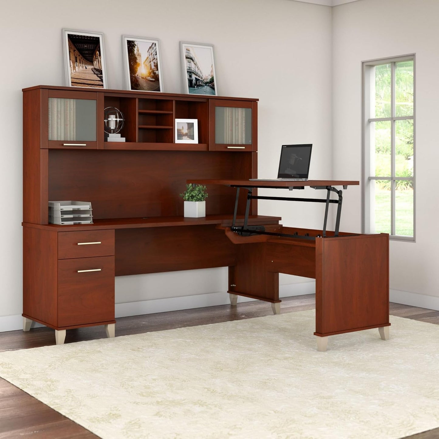 Bush Furniture Somerset 72W 3 Position Sit to Stand L Shaped Desk with Hutch in Hansen Cherry