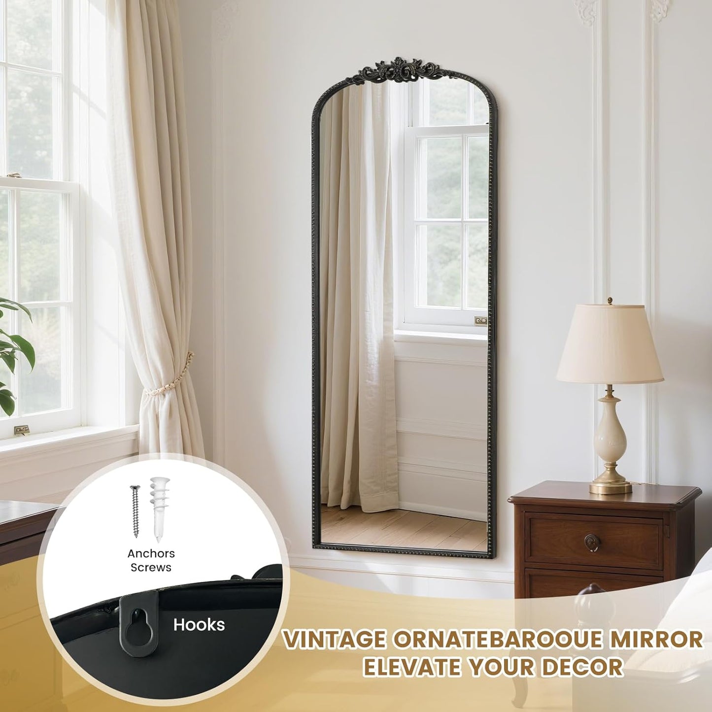 WallBeyond Arched Full Length Mirror Wall Mounted, 21x56 Inch Black Antique Mirror, Vintage Metal Frame Full Body Mirro for Bedroom, Living Room, Hanging or Leaning