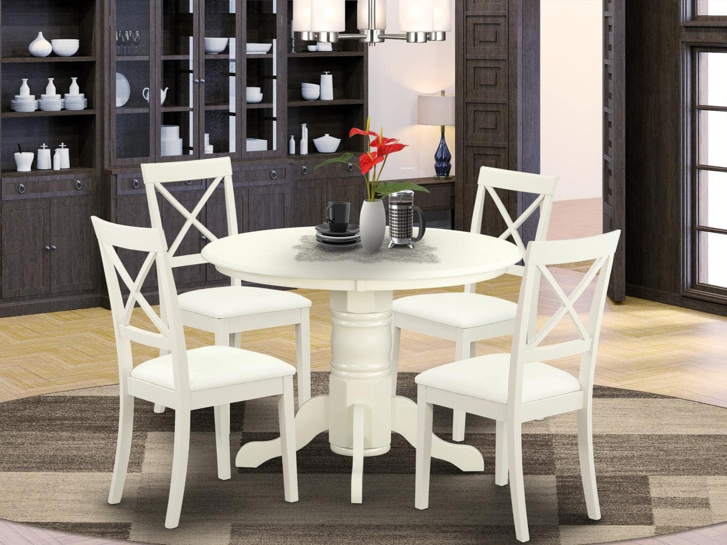 East West Furniture SHBO5-WHI-LC 5 Piece Kitchen Table Set for 4 Includes a Round Dining Room Table with Pedestal and 4 Faux Leather Upholstered Dining Chairs, 42x42 Inch, Linen White