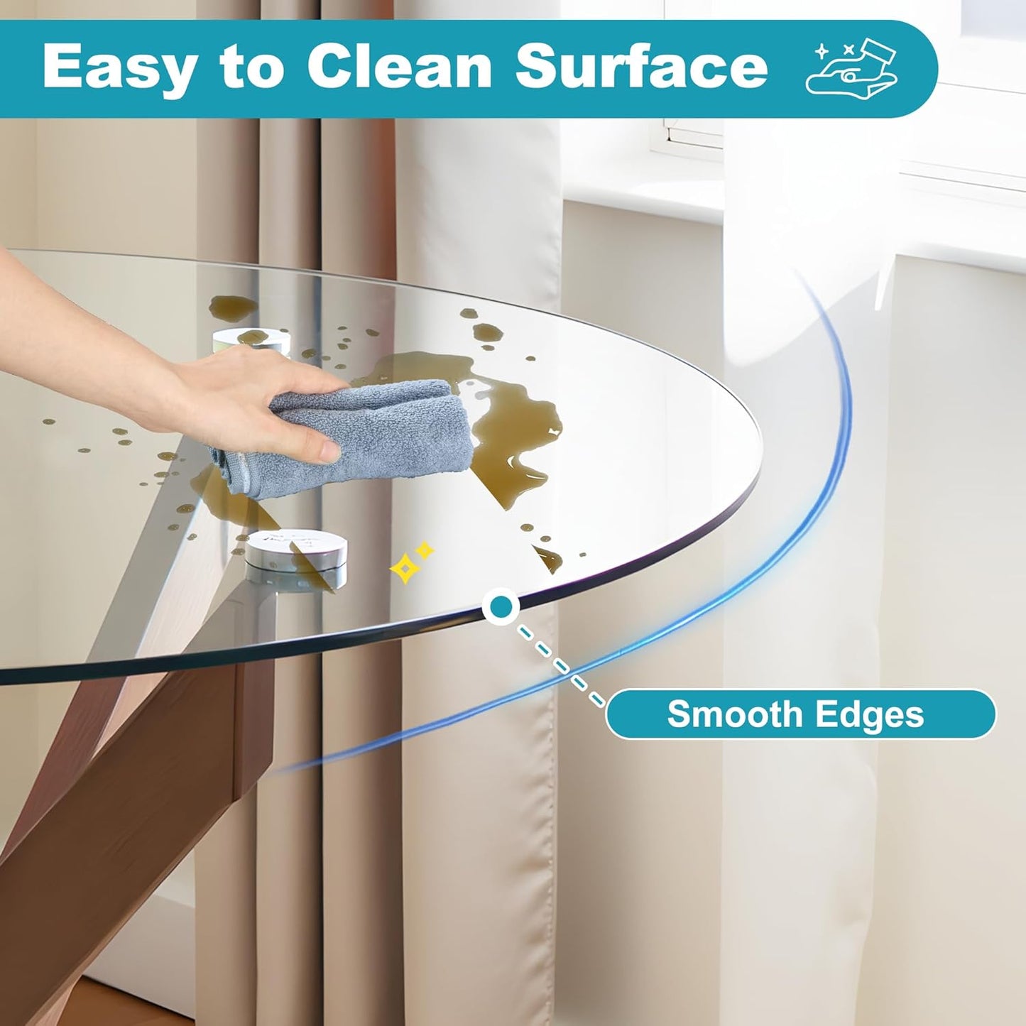 Dining Table for 4 Modern Round Dining Table 35.43" Kitchen & Dining Room Tables with Metal Legs and Glass Tabletop for Dining Room and Apartment, Brown