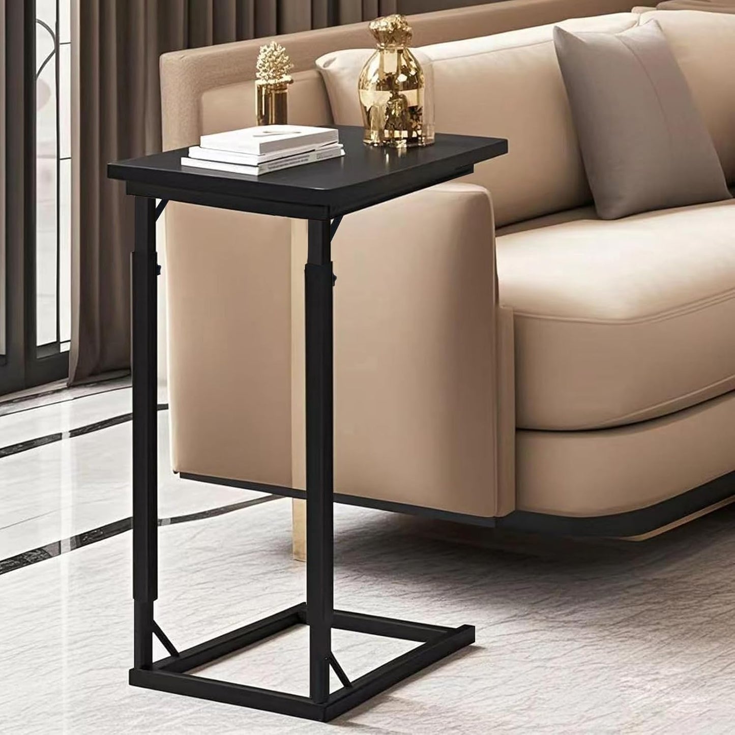 Premium Adjustable C Shaped End Table, Mini Side Tables for Couch and Sofa, Small Coffee Table with Metal Frame, Beautiful and Practical Sidekick for Your Living Room, Bedroom, Bedside, Rustic Black
