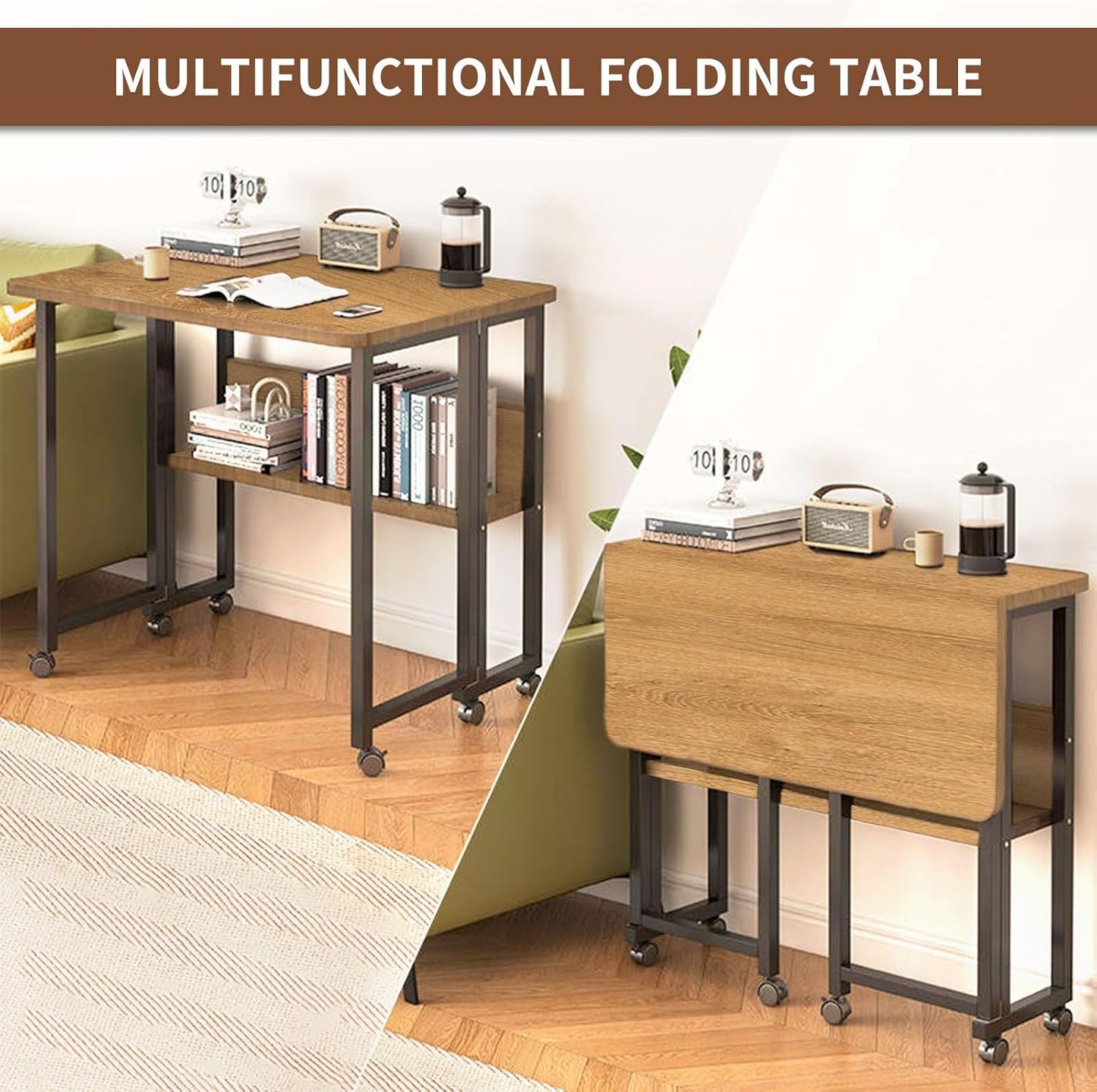 Mobile Foldable Desk w/ 6 Wheels,Portable Rolling Small Computer Desk w/Storage Shelves, Folding desks for Small Spaces, Computer Table for Home Office Bedroom Living Room-Brown