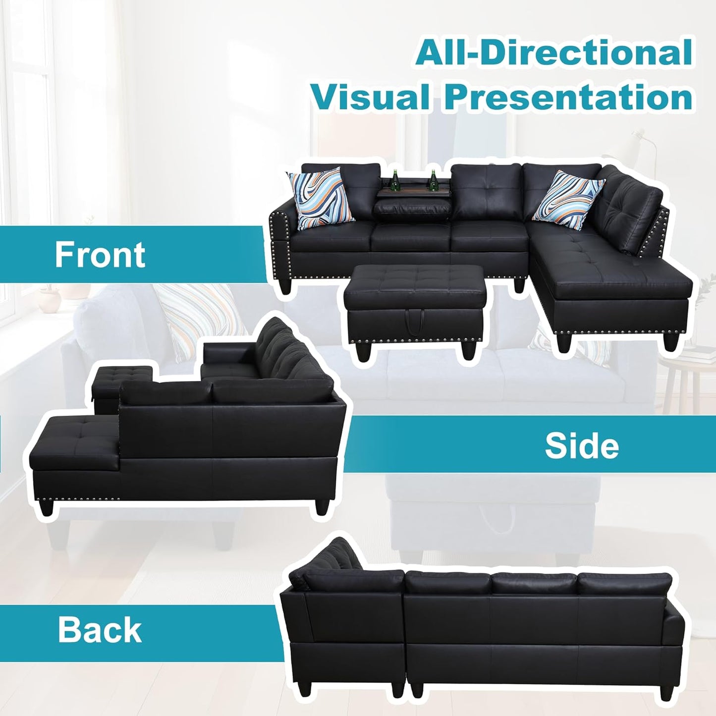 Couches for Living Room Faux Leather L Shaped Couch Comfy 3 Pieces Sectional Sofa with Chaise, Ottoman with Storage for Office and Small Apartment, Graceful Black