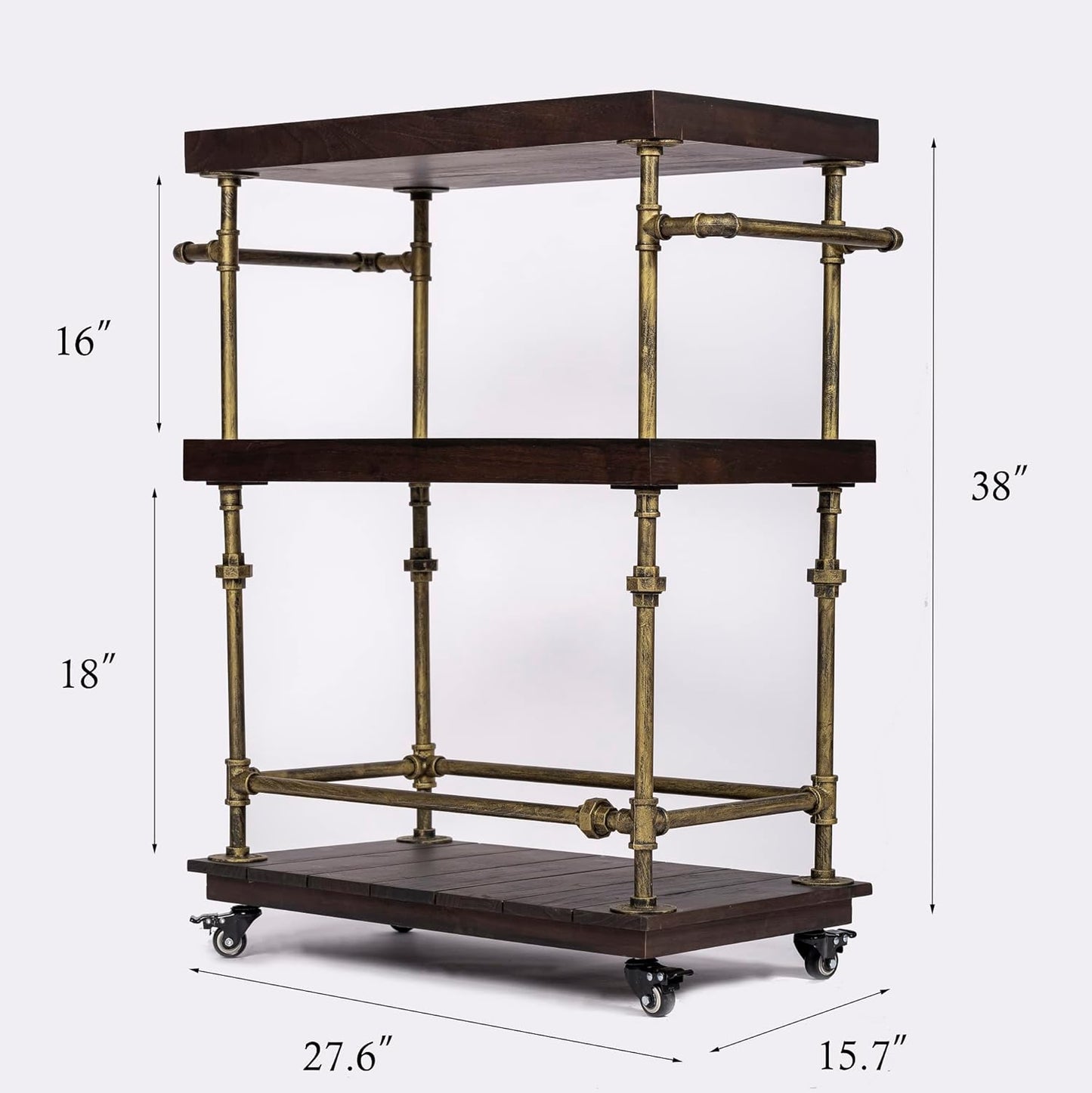Industrial Bar Cart, 3-Tier Serving Cart Creates with Solid Wood and Metal Pipe Frame, Rustic Style Wide Bar Cart Wine Rack with Wheels (3-Tier)
