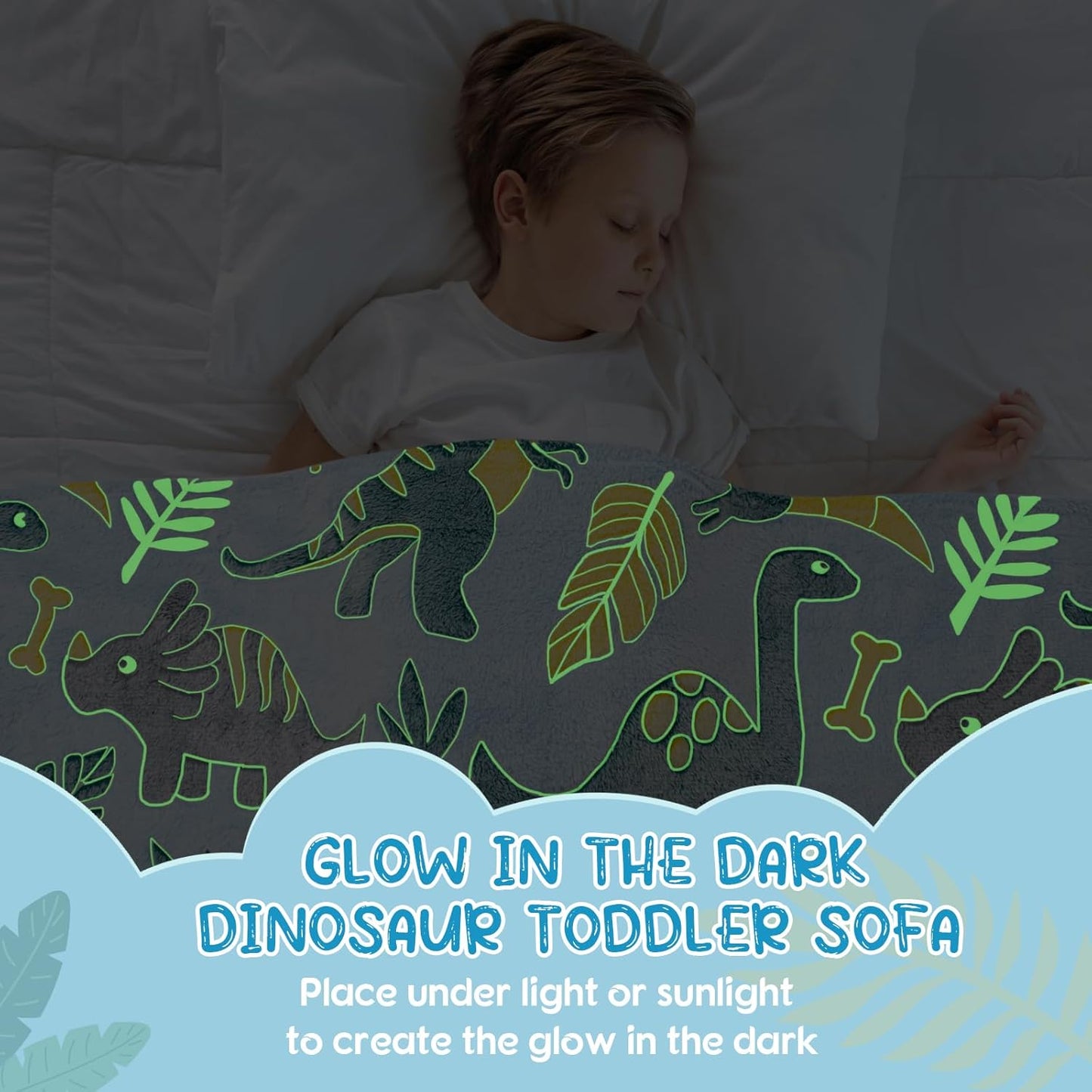 Comfy Toddler Chair and Couch for Kids with Blanket,2-in-1 Soft Plush Fold Out Toddler Couch for Girls and Boys,Convertible Sofa to Lounger for Playroom,Glowing Dinosaur