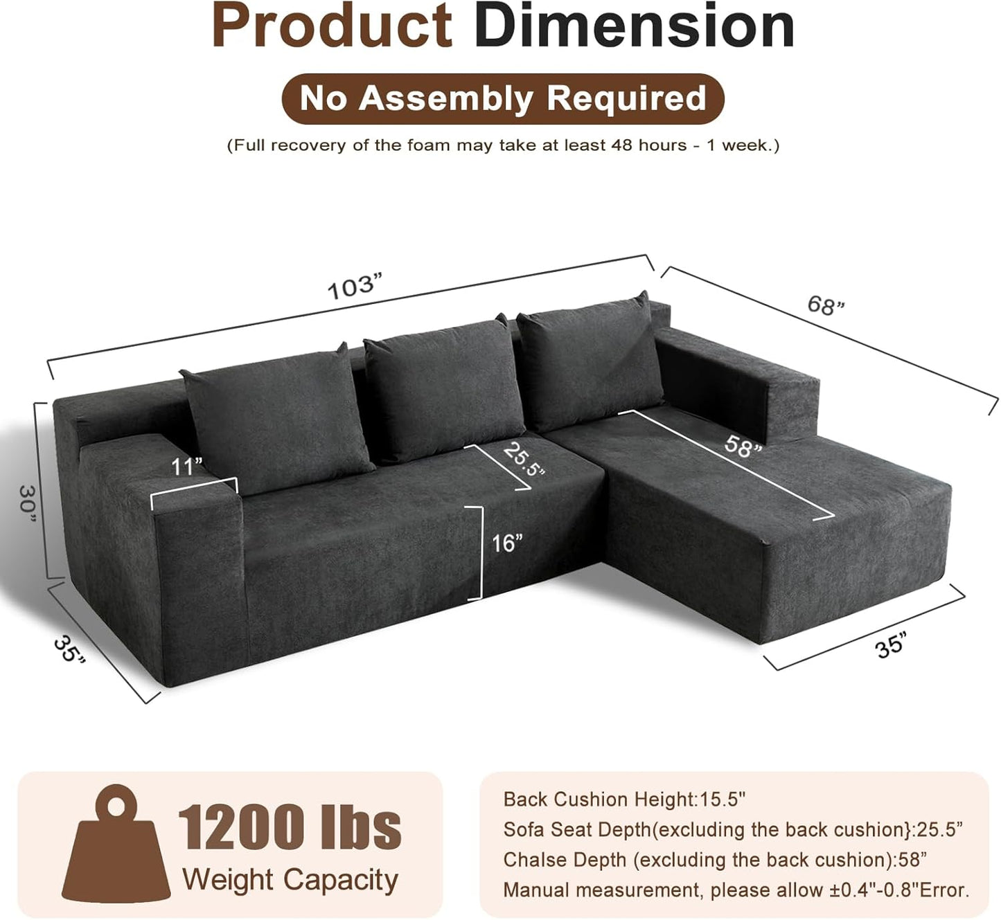 103" Cloud Sectional Sofa, Boneless L-Shape Couch with Chaise, Modern Minimalist Modular Couch for Living Room, Free Combination, Deep Seat, No Assembly Required, Dark Grey, R