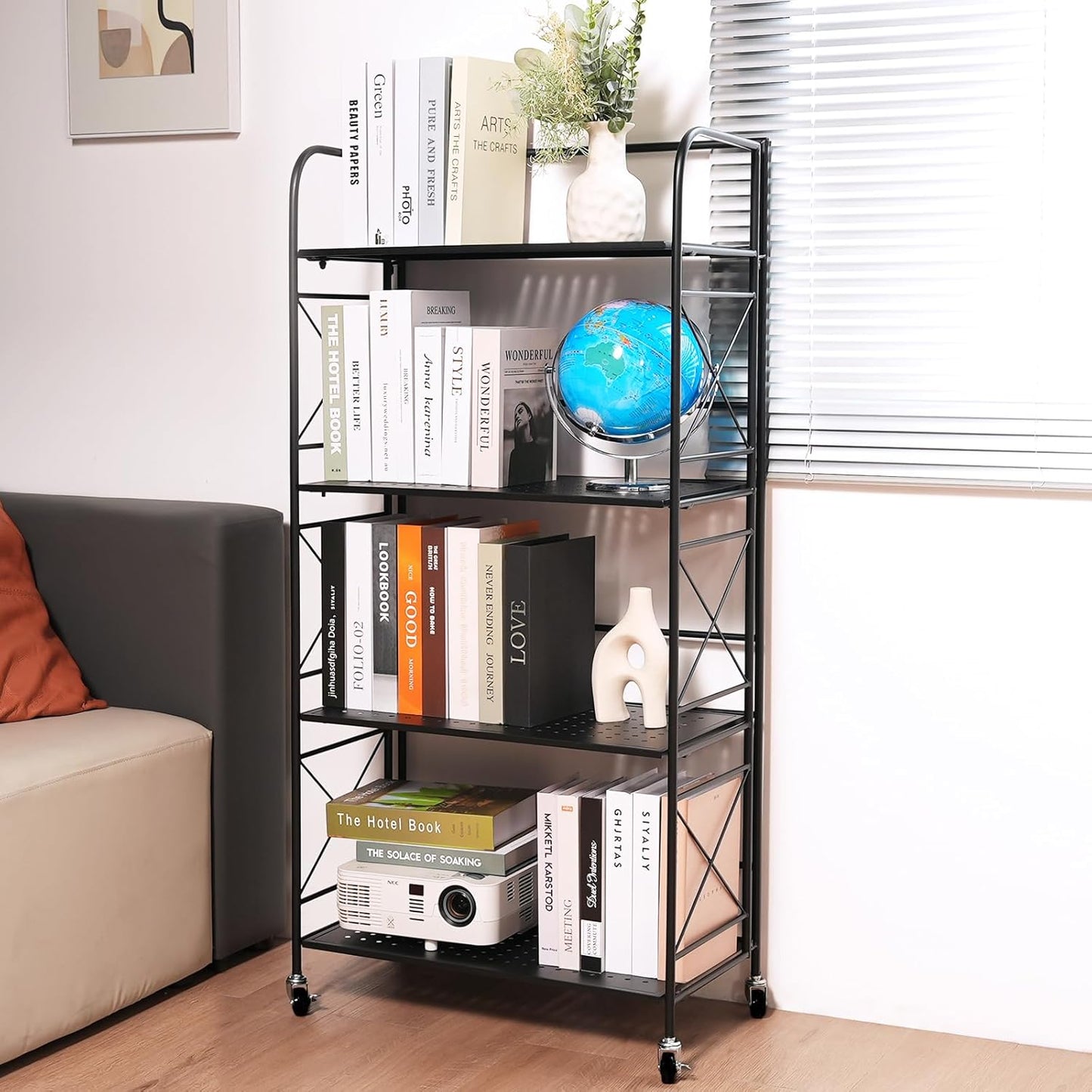 Foldable 3-Tier Metal Shelf with Wheels - Folding Bookshelf Unit for Living Room, Kitchen, Study 12.6" D x 23.6" W x 33.8" H, Matte Black