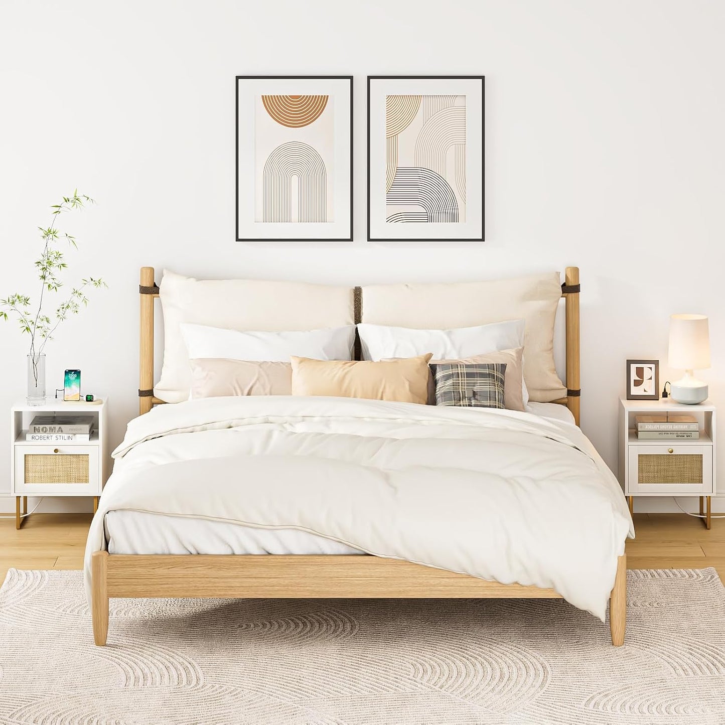 Masupu Extra Large Rattan Nightstand with Charging Station,Boho Night Stand Modern Farmhouse Wood Bedside Table with Storage Drawer and Open Shelf,Side End Table for Bedroom,Living Room,Office White