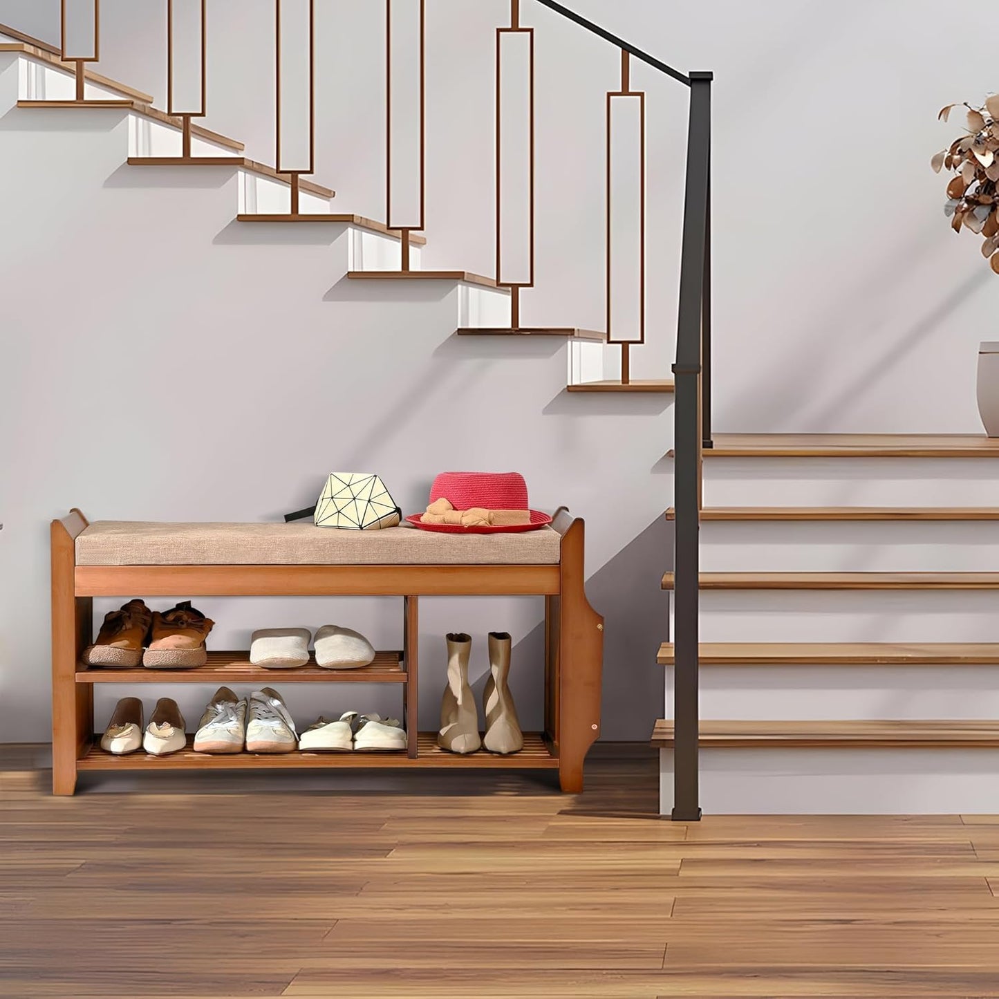 Shoe Storage Bench for Entryway, Bamboo Entryway Bench with Hidden Drawer and Side Brackets,2-Tier Shoe Rack Organizer for Entryway, Hallway,Bedroom and Bathroom