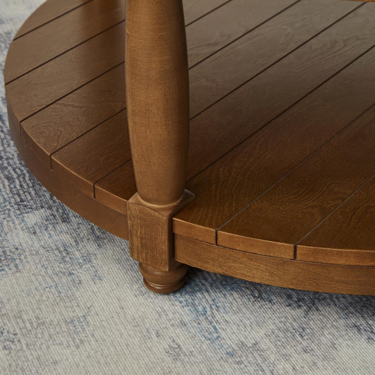 24KF Upholstered Round Coffee Table with Wooden Shelf, Tufted Button Large Round Ottoman with Spindle Wooden Legs, Linen Large Footrest Ottoman Pouf for Living Room, Linen