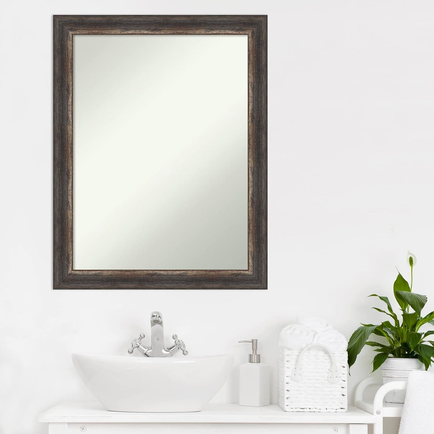 Amanti Art Brown Bathroom Mirror for Over Sink, 29x23 Bark Rustic Char Rectangle Vanity Mirror, Medium Country Rustic Frame, Hangs Horizonally and Vertically, Bathroom Wall Decor, Non-Beveled Edge