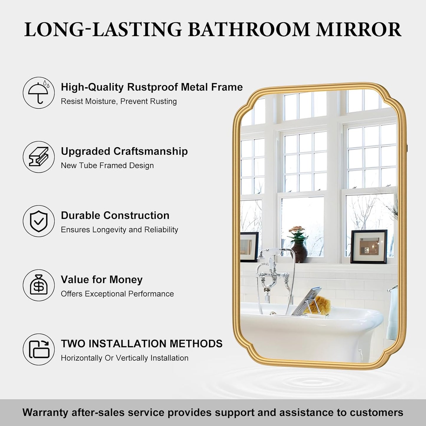 Gold Bathroom Mirror for Wall 20" x 30" Modern Rounded Corner Rectangle Mirror with Non-Rusting Iron Metal Framed Bathroom Vanity Mirror for Over Sink Wall Decor(Horizontal/Vertical)