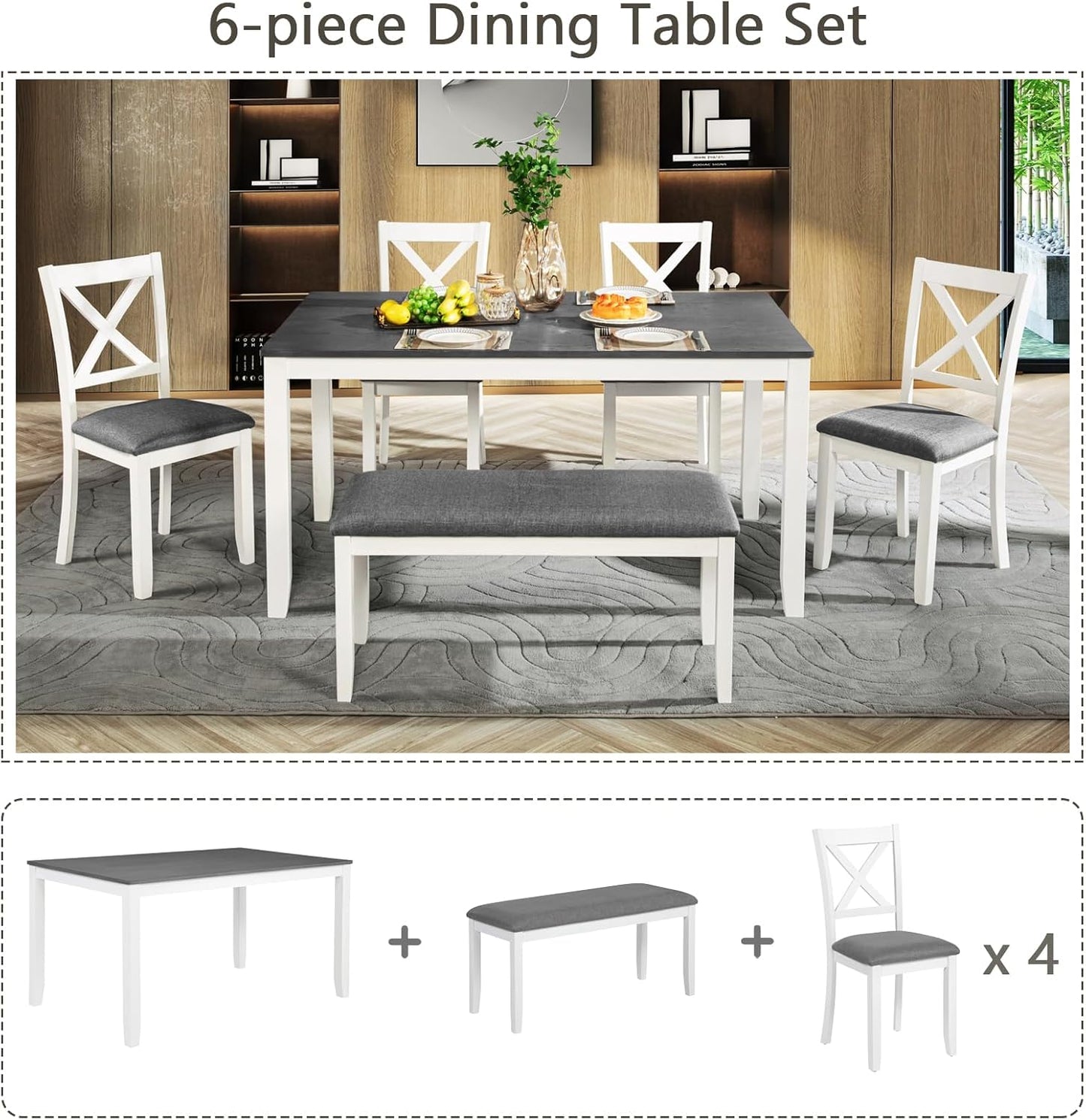 soges 6-Piece Kitchen Dining Table Set with Bench, Wood Dining Table Set for 6, Modern 6-Person Table Set for Dining Room, Kitchen, Grey & White