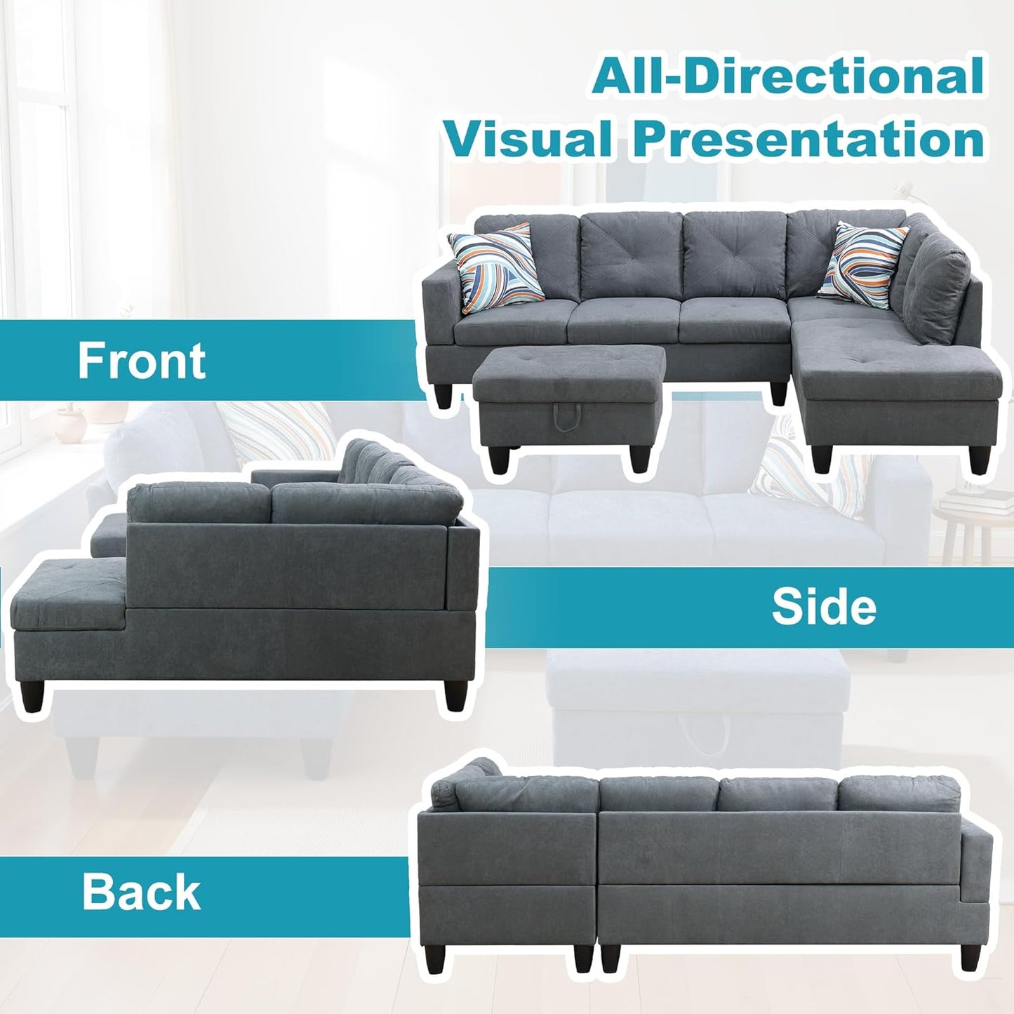 Couches for Living Room Modern L Shaped Couch Comfy Flannelette Fabric 3 Pieces Sectional Sofa with Chaise, Ottoman with Storage for Office and Small Apartment, Dark Grey