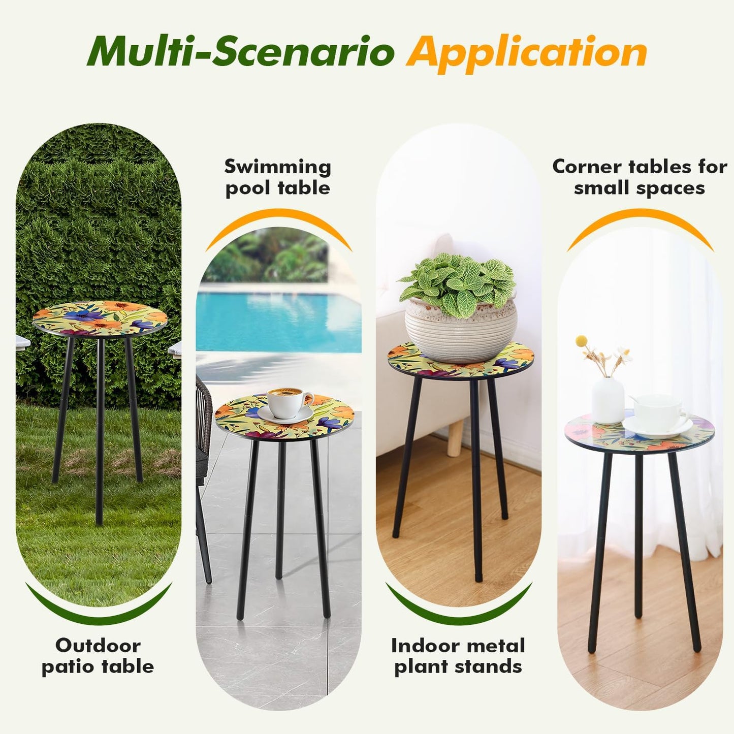 2 Packs Metal Floral Round Side Table 13.2" Small Outdoor Patio Round Accent Coffee Tables Indoor Corner Stand for Small Spaces Weather-Resistant for Balcony Plant Stand