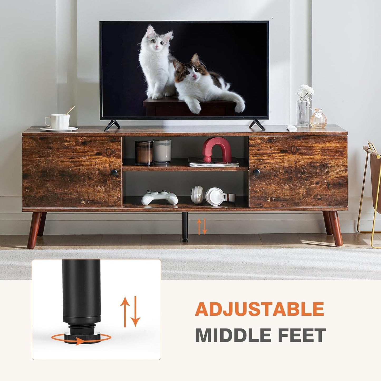 Sweetcrispy TV Stand for 55 60 inch TV, Modern Mid Century Entertainment Center with Storage Cabinet, Media Console Table for Living Room, Soft Hinge, Handle Door, Wooden Office Furniture, Brown