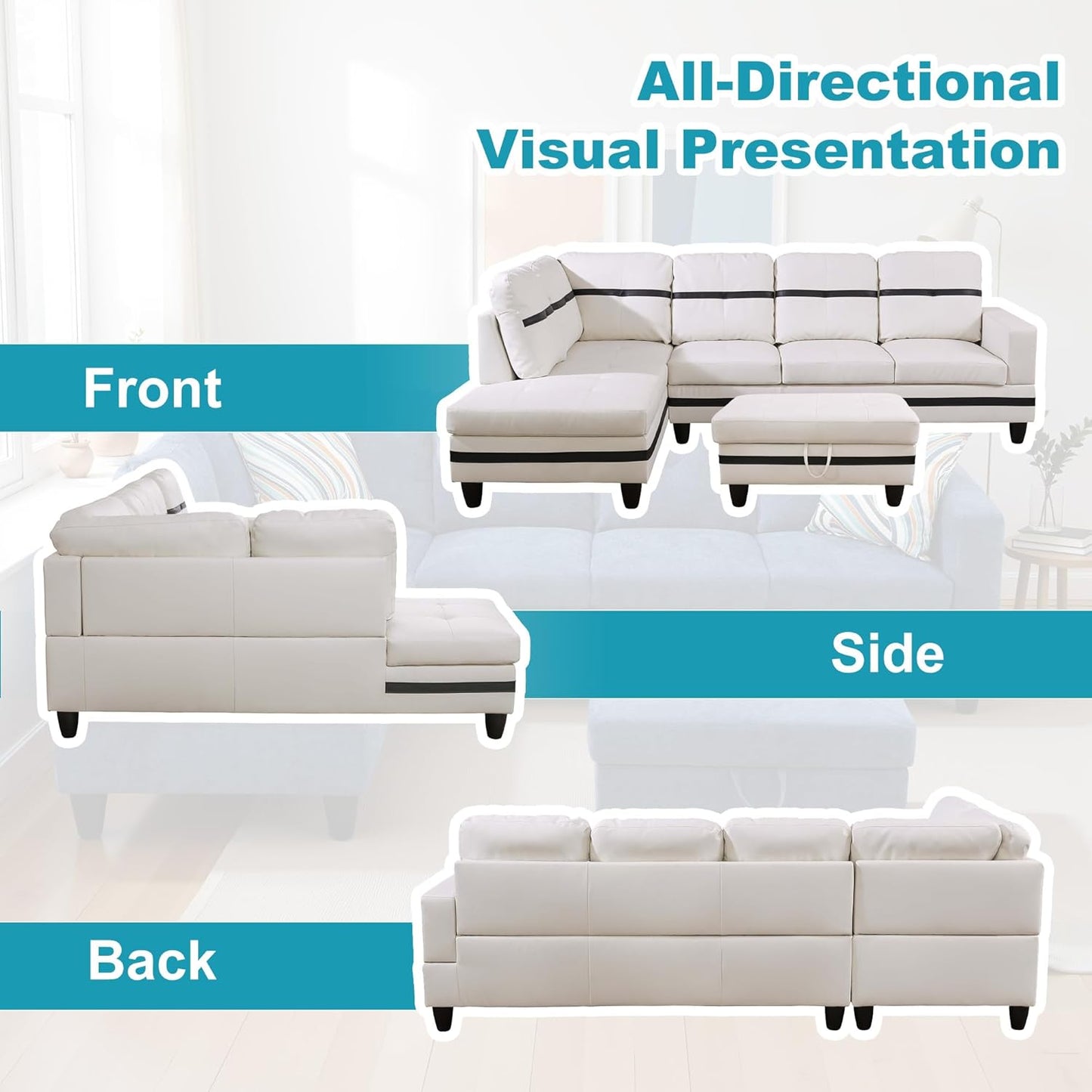 L Shaped Couch PU Leather Sectional Couch Upholstered 3 Pieces Sofas for Living Room with Chaise, Storage Ottoman for Office and Small Apartment, White and Black