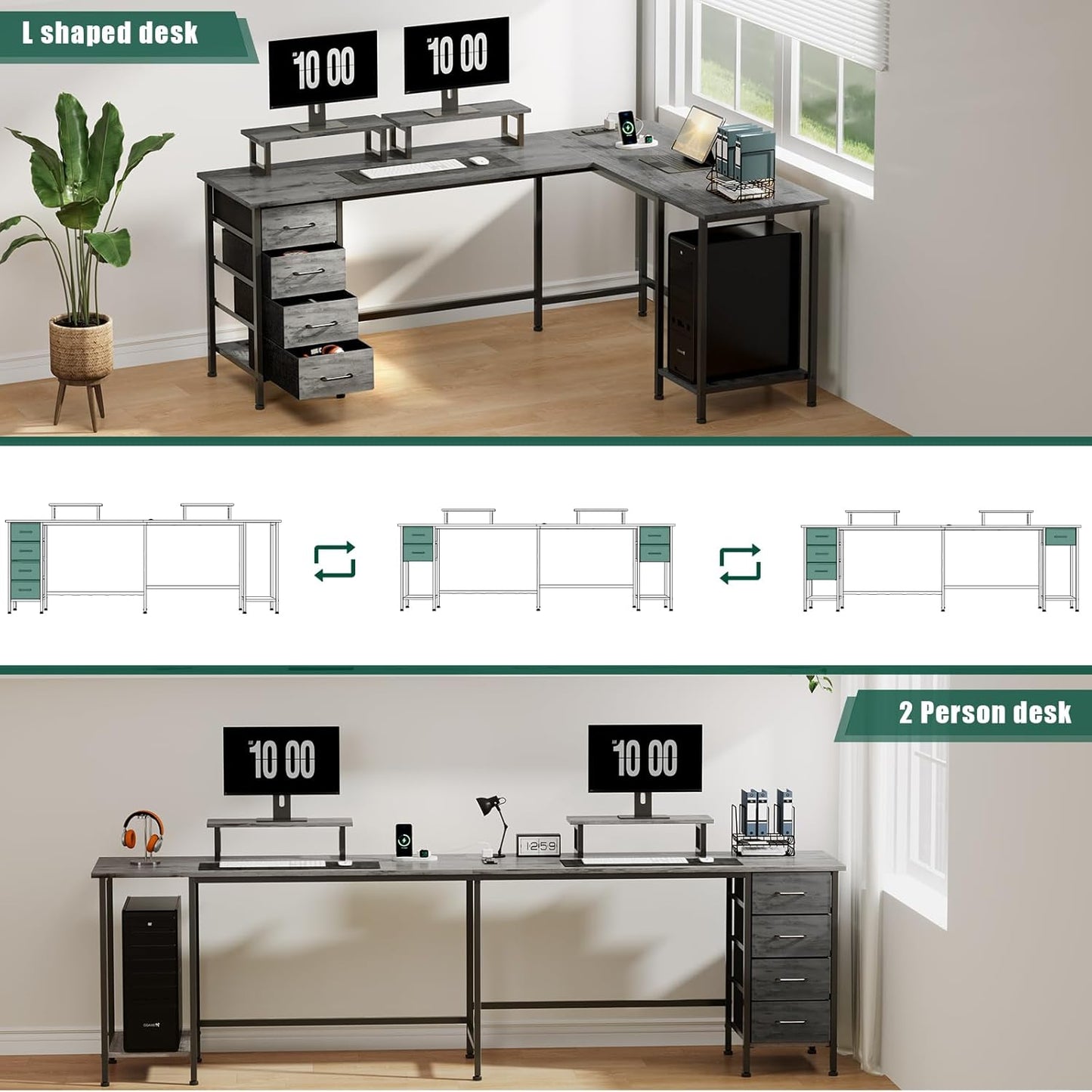 66" L Shaped Computer Desk, 94.4'' Home Office Desk with Power Outlets, 4 Adjustable Storage Drawers & 2 Monitor Stands, Large Two Person Gaming Table for Writing Study, Grey