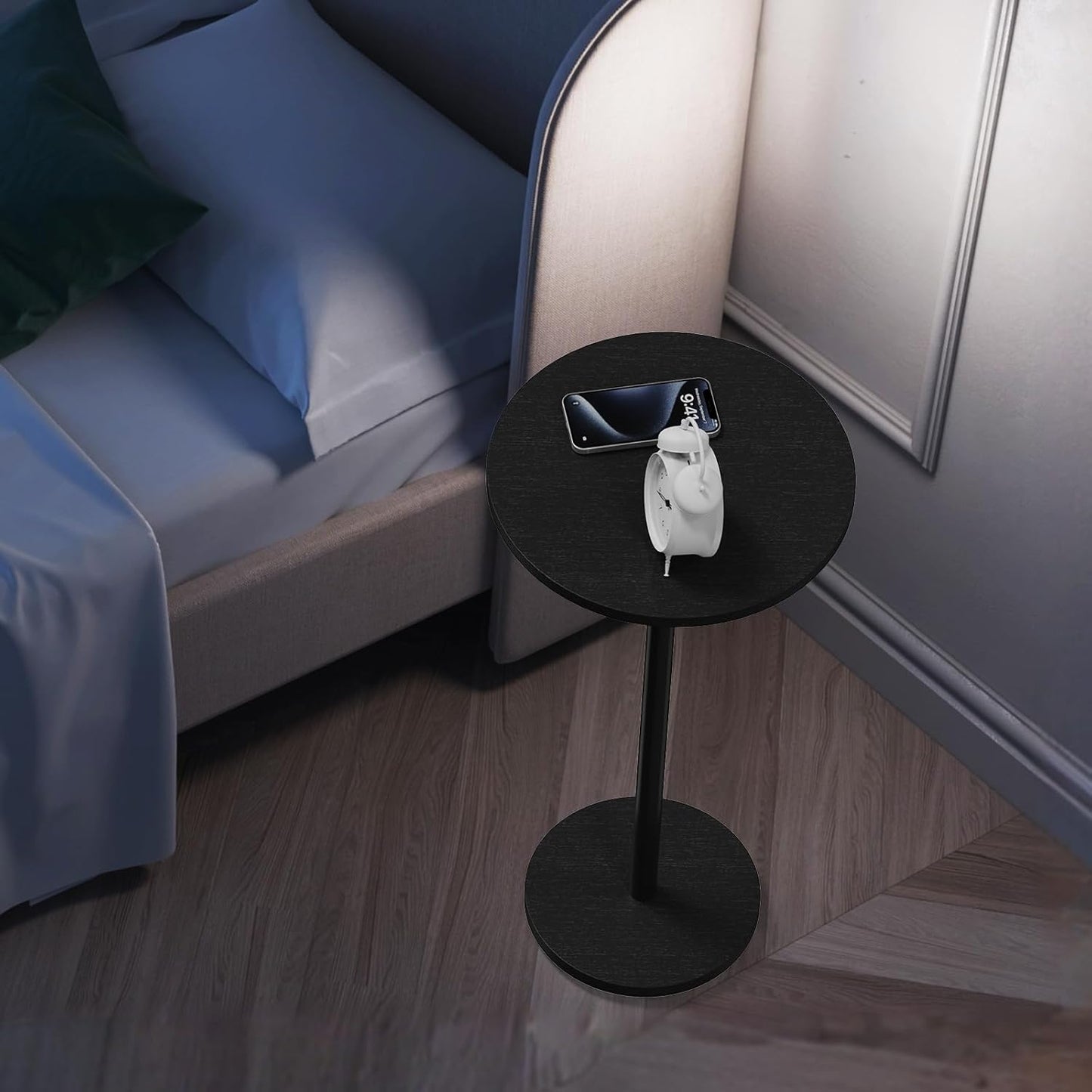 Round Small Side Table Set of 2, Drink Tables for Small Spaces Pedestal Side Table Black for Sofa, Circle End Tables for Living Room, Bedroom and Balconty