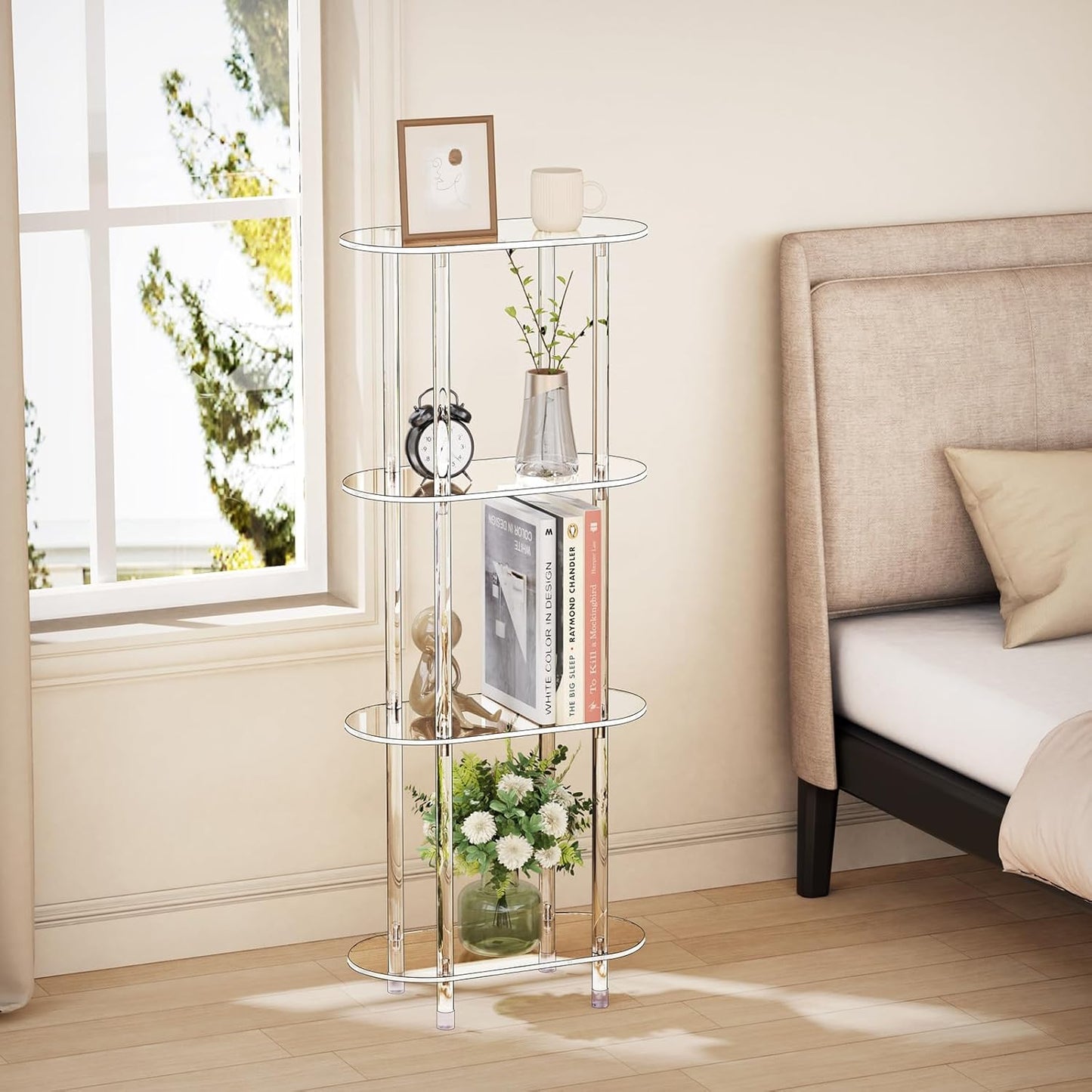 Clear Acrylic Narrow Side Table for Small Spaces, 15.75" L x 7.87" W x 38.7" H, 4 Tier Oval Slim End Table Nightstand, Small Minimalist Skinny Bedside Table for Bedroom, Bathroom, Living Room