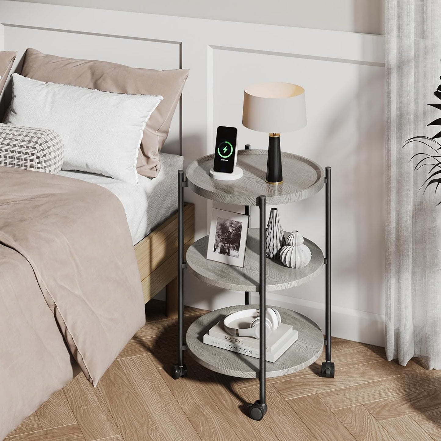 End Tables Living Room, 3-Tier Modern End Table with Wheels, Small Side Table Nightstand Bedside Table for Living Room, Bedroom, or Small Spaces-Gray