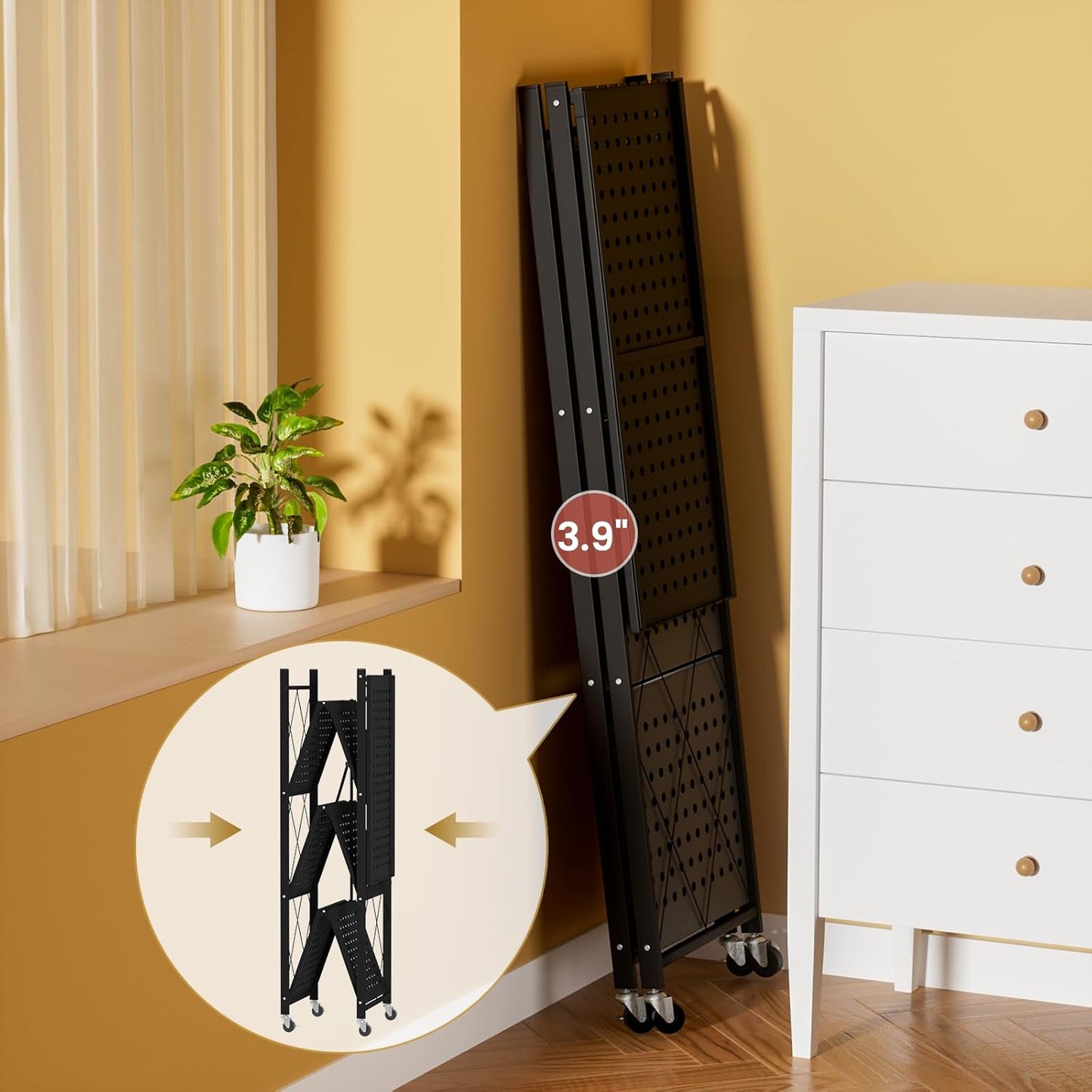 ALANNG Storage Shelves with Wheels, Bookshelf with Storage, No Assembly Metal Rack Cart for Kitchen, Office, Laundry, Garage (4 Tier, Black)