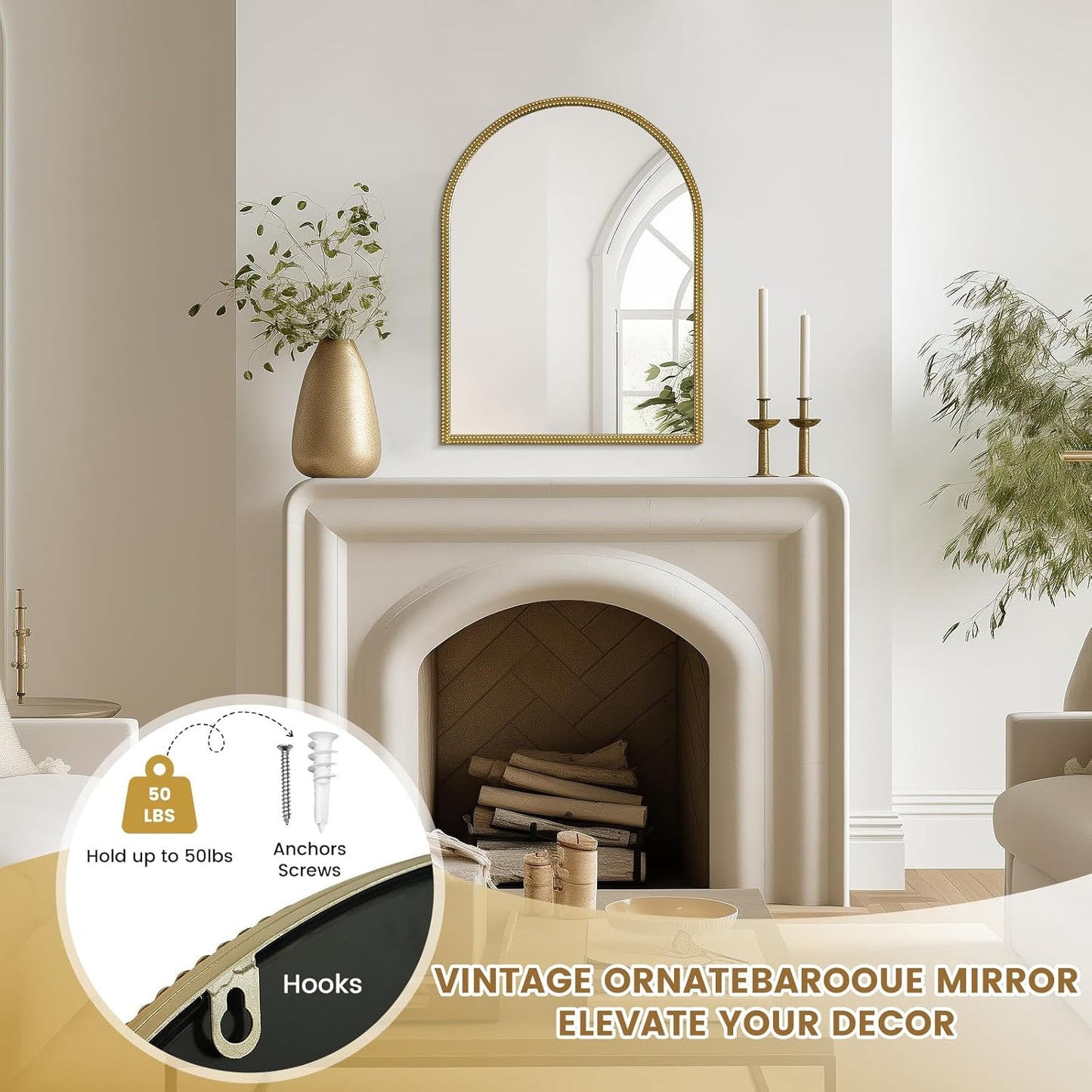 WallBeyond Gold Vintage Mirror for Vanity 24x32 Inch, Gold Antique Mirror with Ornate Beaded Frame for Bathroom, Living Room, Fireplace, Entryway