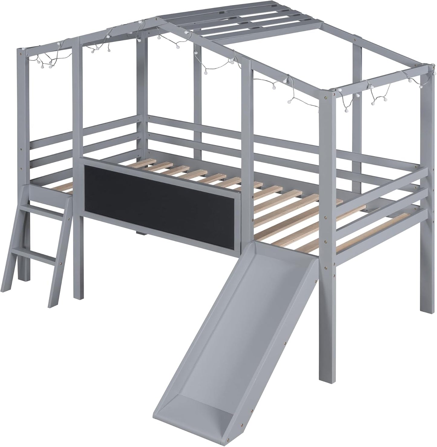 Ball & Cast Twin Size House Loft Bed with Ladder and Slide,Wood Bunkbed w/Blackboard and Light Strip on The Roof,Slat Support,Space Saving,Bedroom Furniture for Student Dorms,Gray