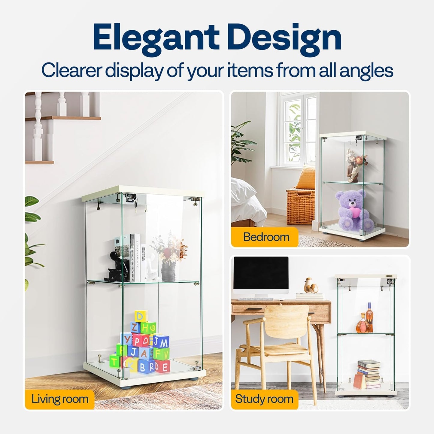 VIVOHOME 2 Layers 15.7''W x 15.7''D x 31.9''H Glass Display Cabinet Showcase Countertop with Lock, Tempered Glass 25mm MDF Base